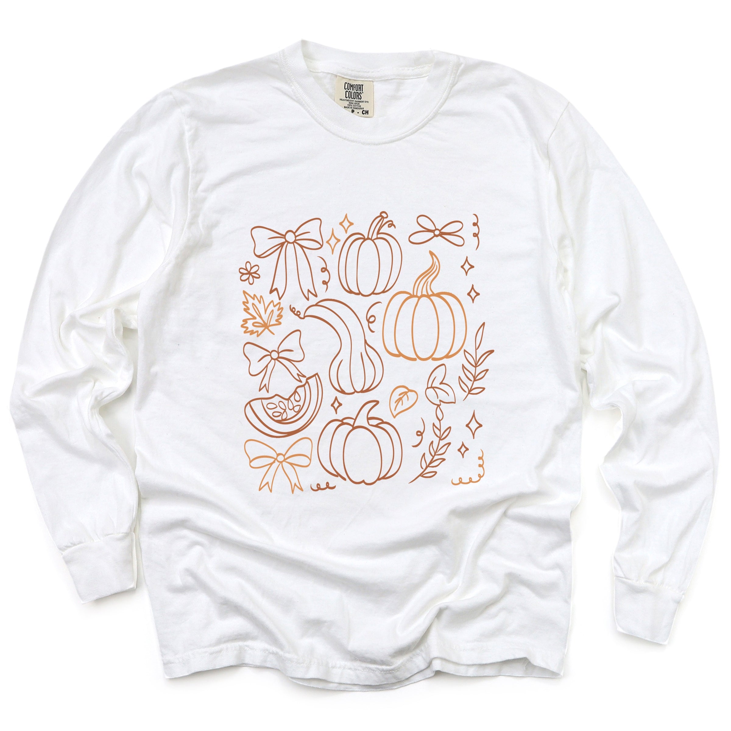 Coquette Pumpkin And Leaves Outline - Women's Garment Dyed Long Sleeve Graphic T-Shirt