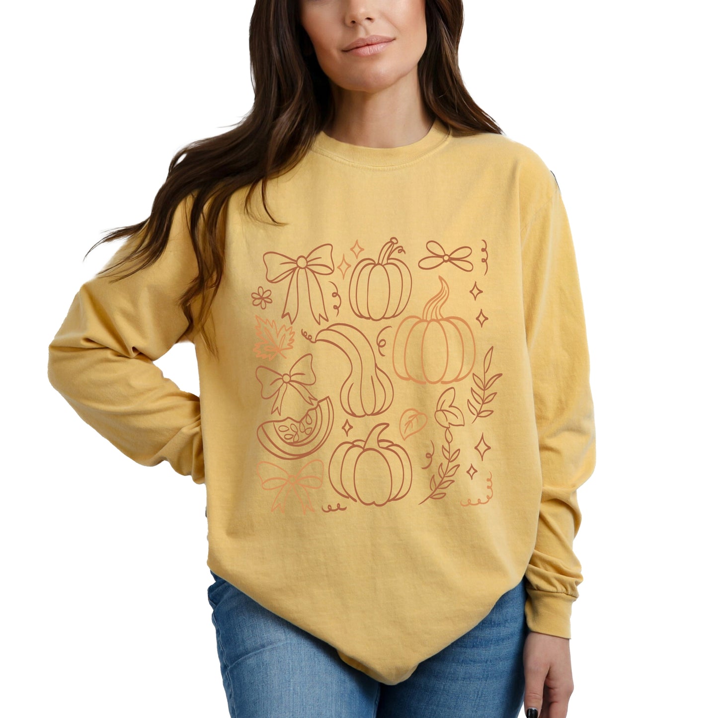 Coquette Pumpkin And Leaves Outline - Women's Garment Dyed Long Sleeve Graphic T-Shirt
