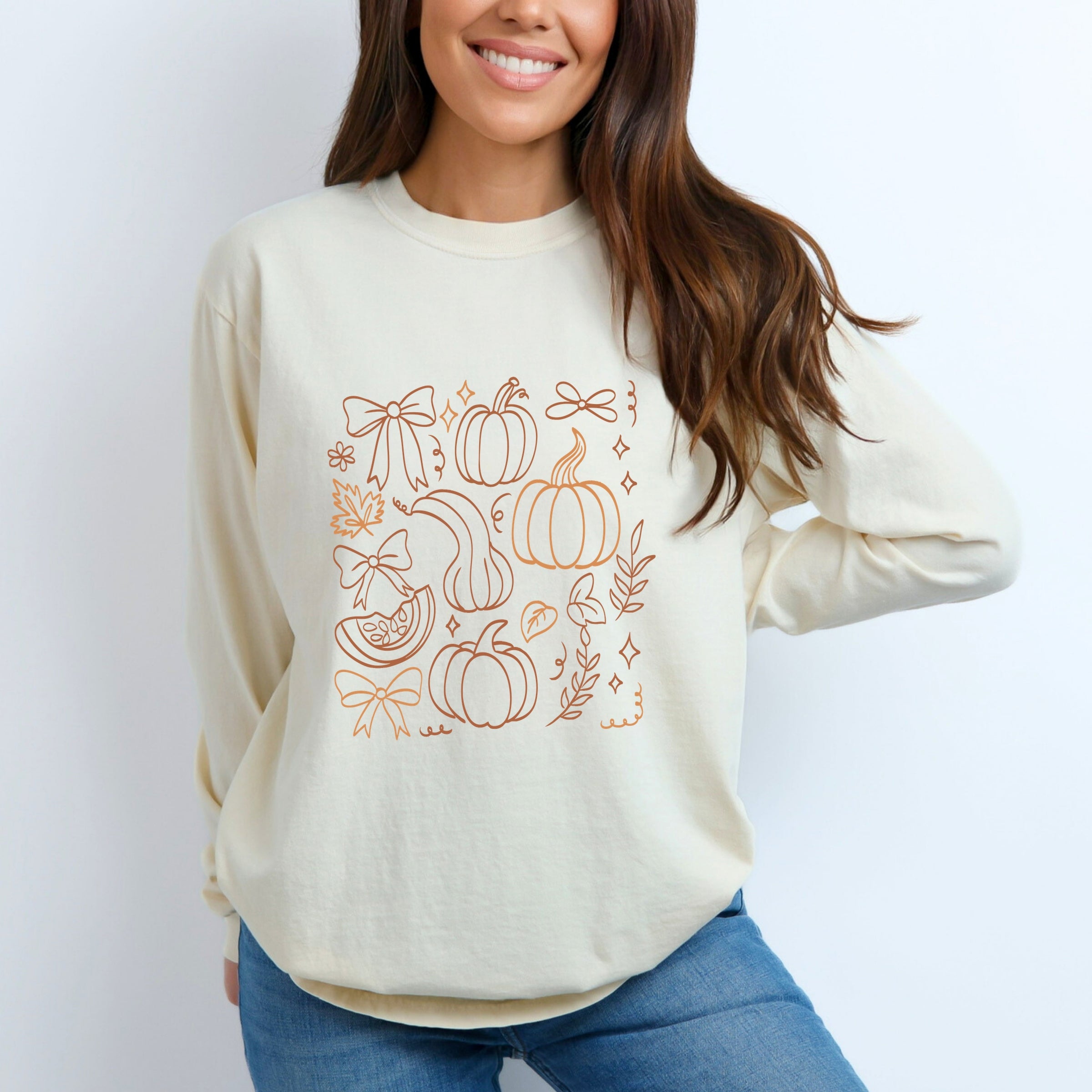 Coquette Pumpkin And Leaves Outline - Women's Garment Dyed Long Sleeve Graphic T-Shirt