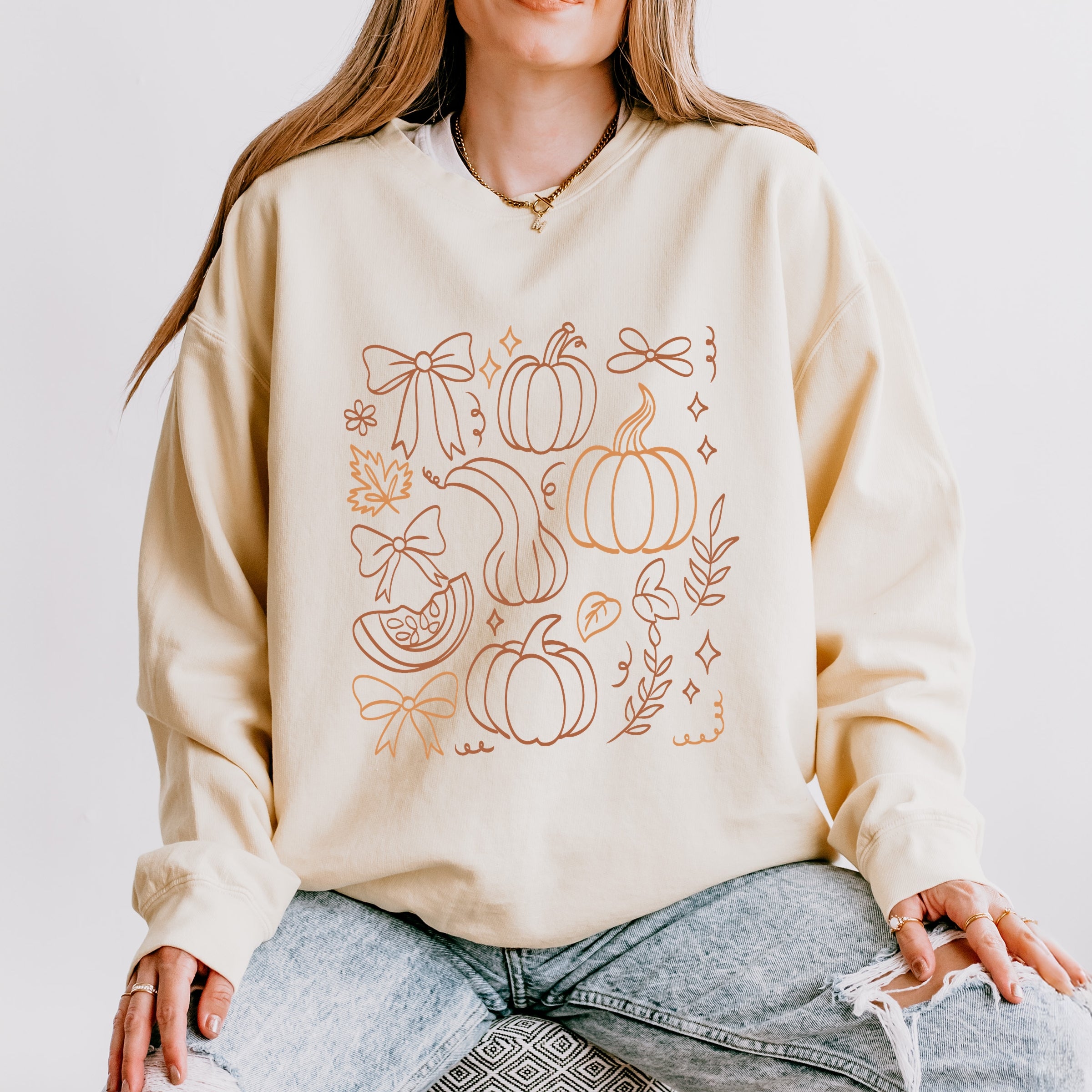 Coquette Pumpkin And Leaves Outline - Women's Lightweight Garment Dyed Sweatshirt