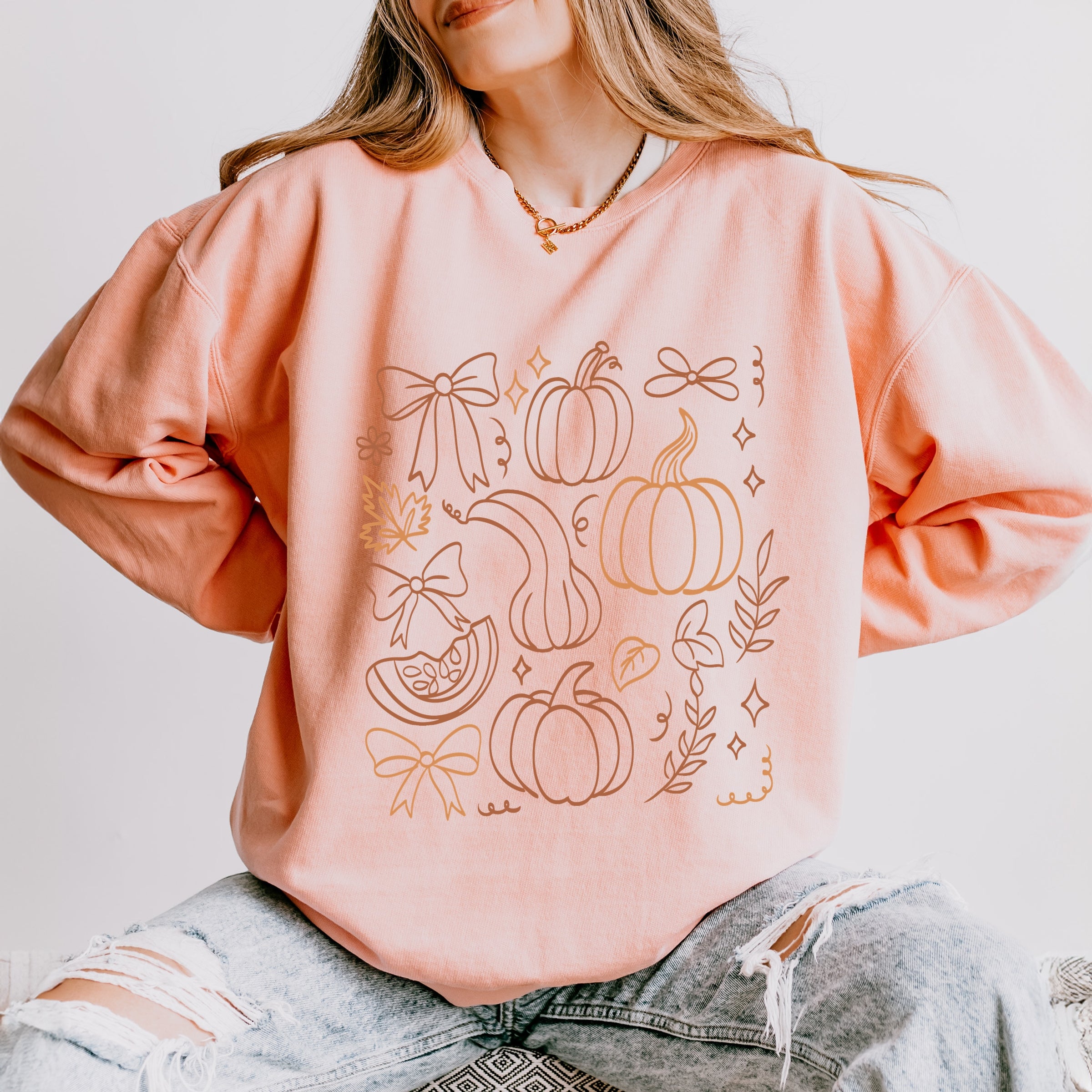 Coquette Pumpkin And Leaves Outline - Women's Lightweight Garment Dyed Sweatshirt