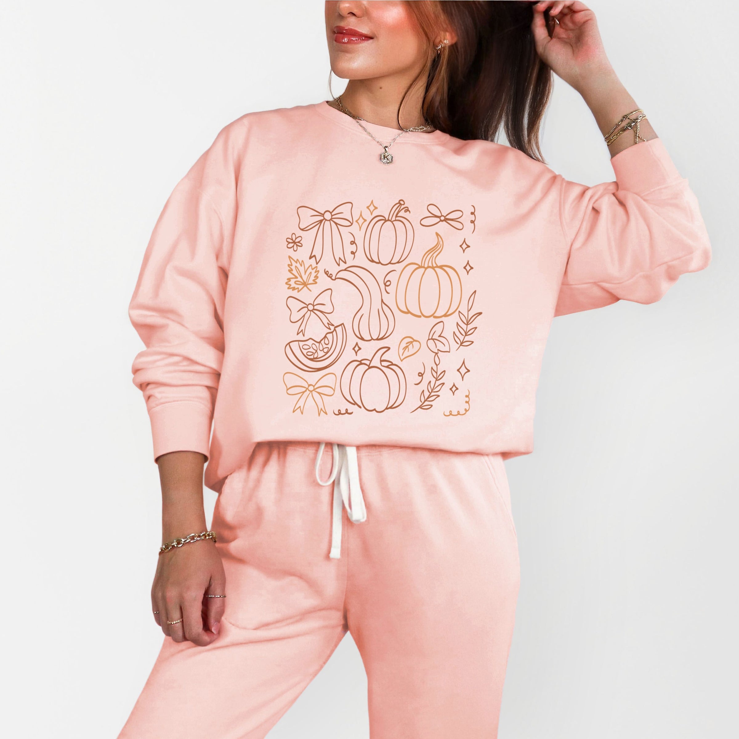 Coquette Pumpkin And Leaves Outline - Women's Lightweight Garment Dyed Sweatshirt