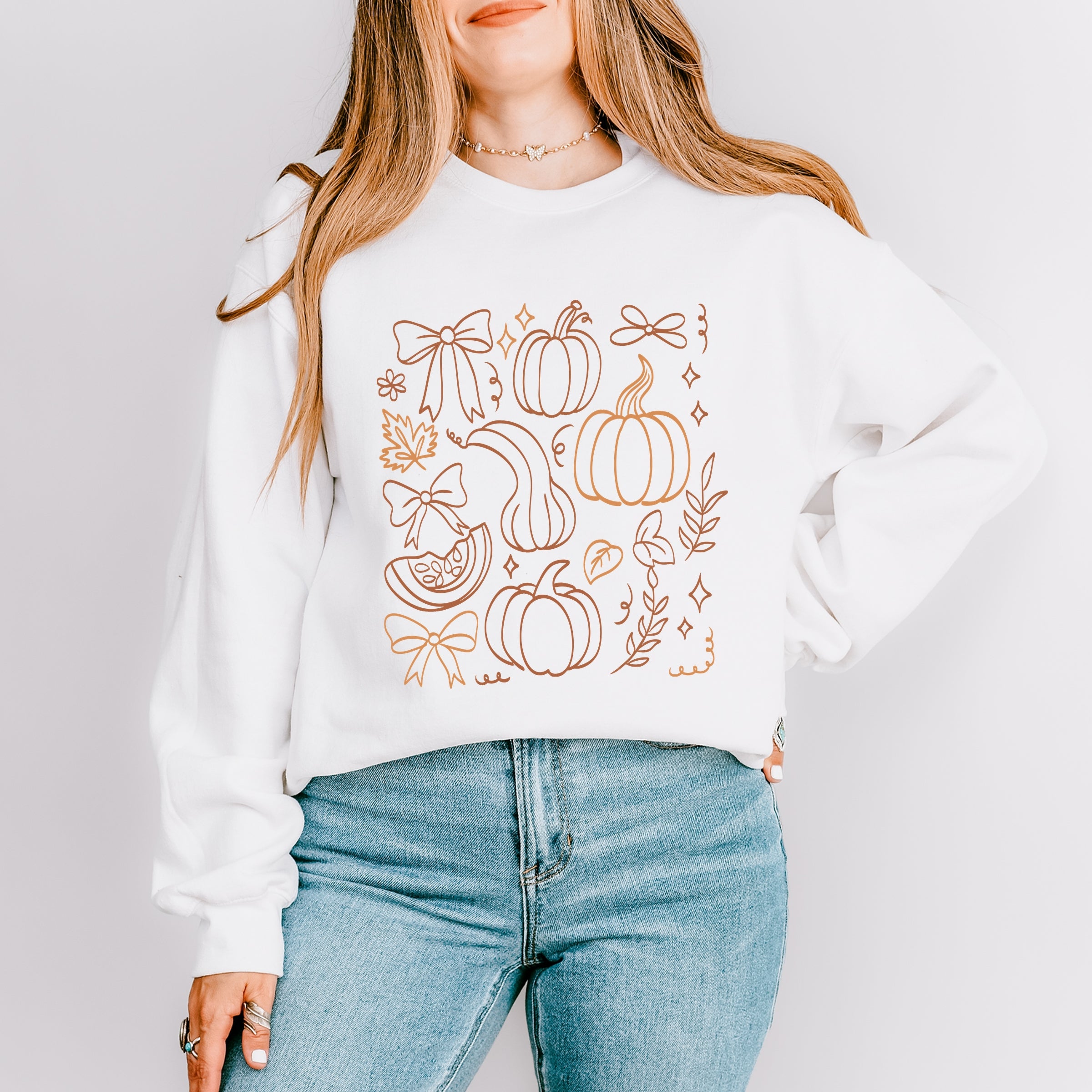 Coquette Pumpkin And Leaves Outline - Women's Graphic Sweatshirt