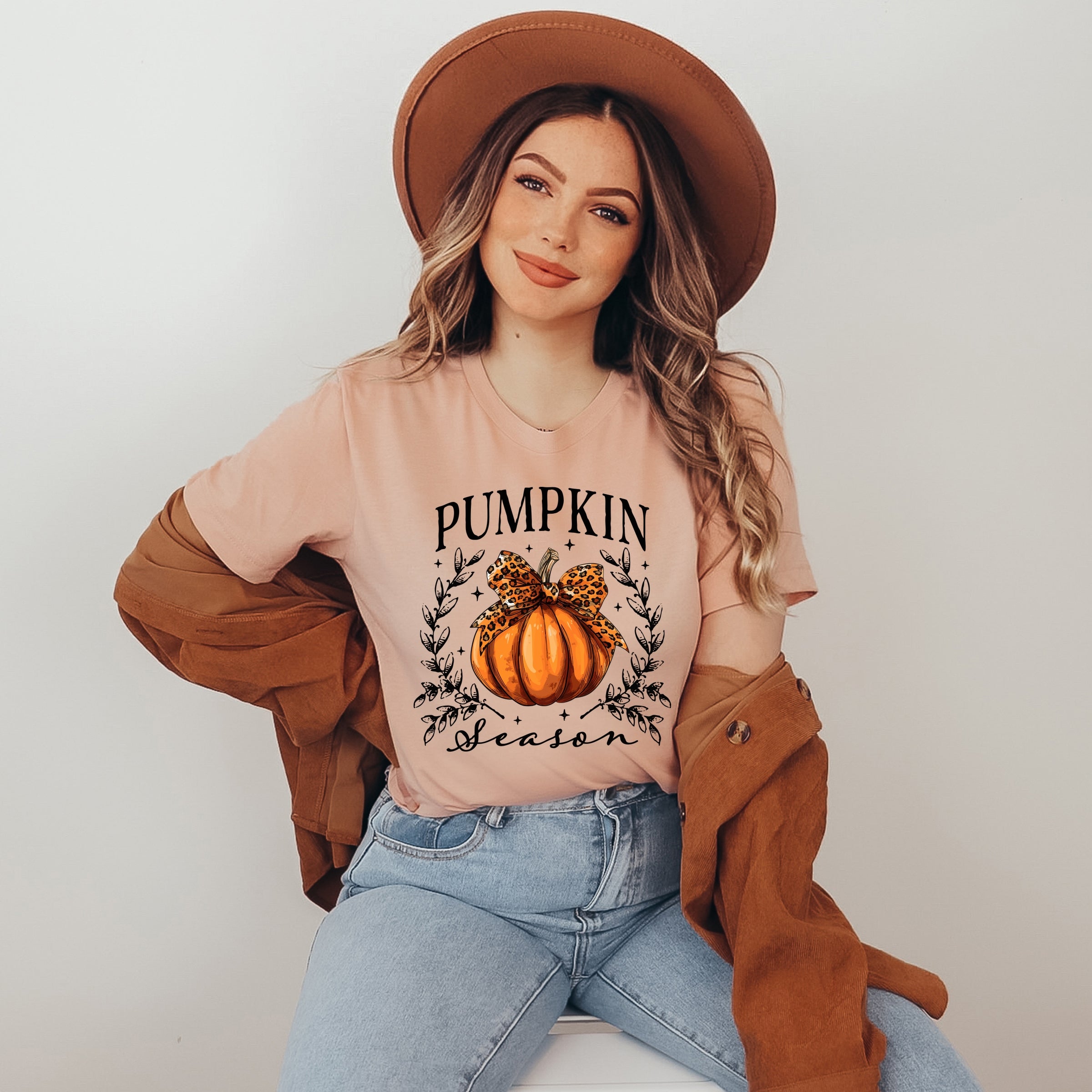 Pumpkin Season Leopard Bow - Women's Short Sleeve Graphic T-Shirt