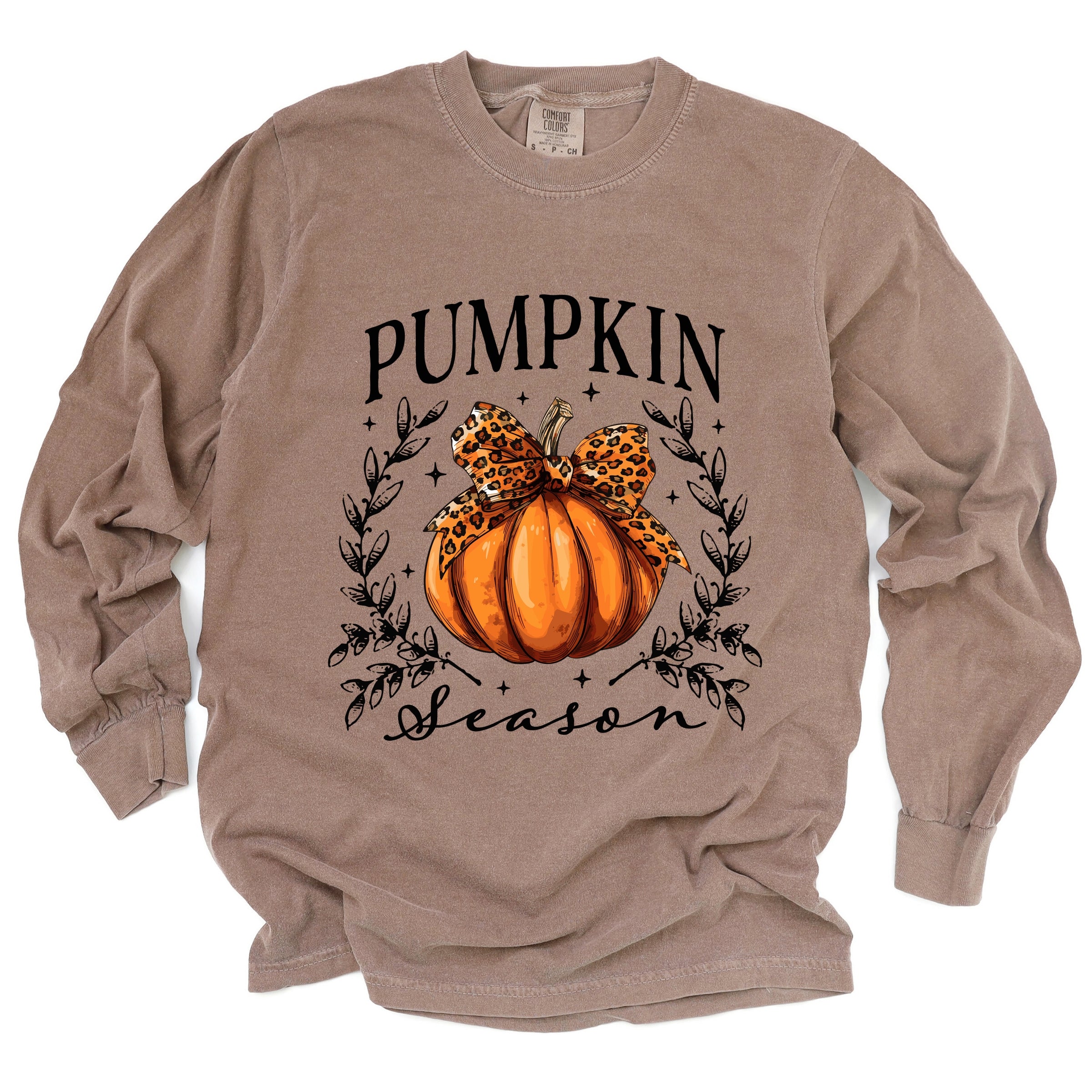 Pumpkin Season Leopard Bow - Women's Garment Dyed Long Sleeve Graphic T-Shirt