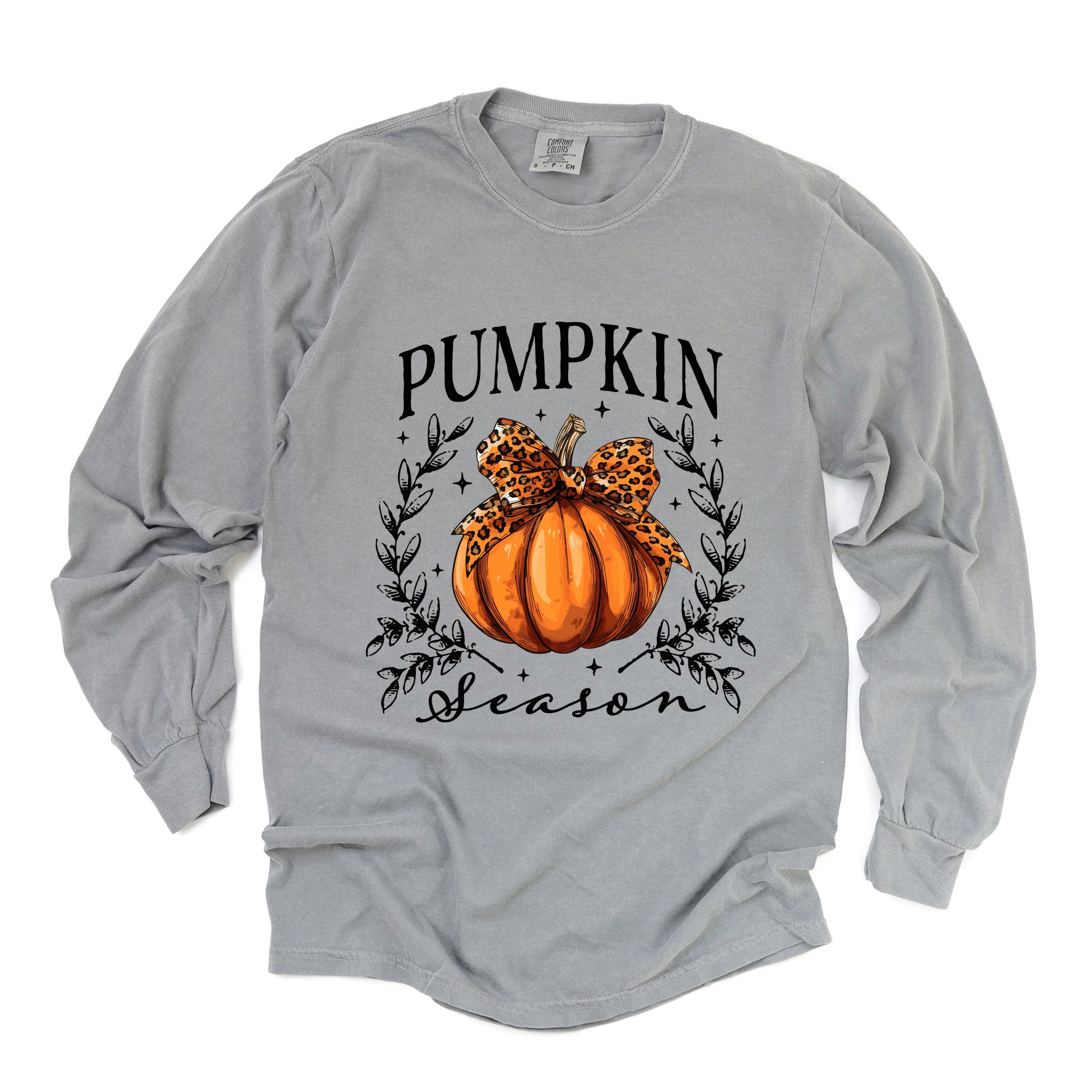 Pumpkin Season Leopard Bow - Women's Garment Dyed Long Sleeve Graphic T-Shirt