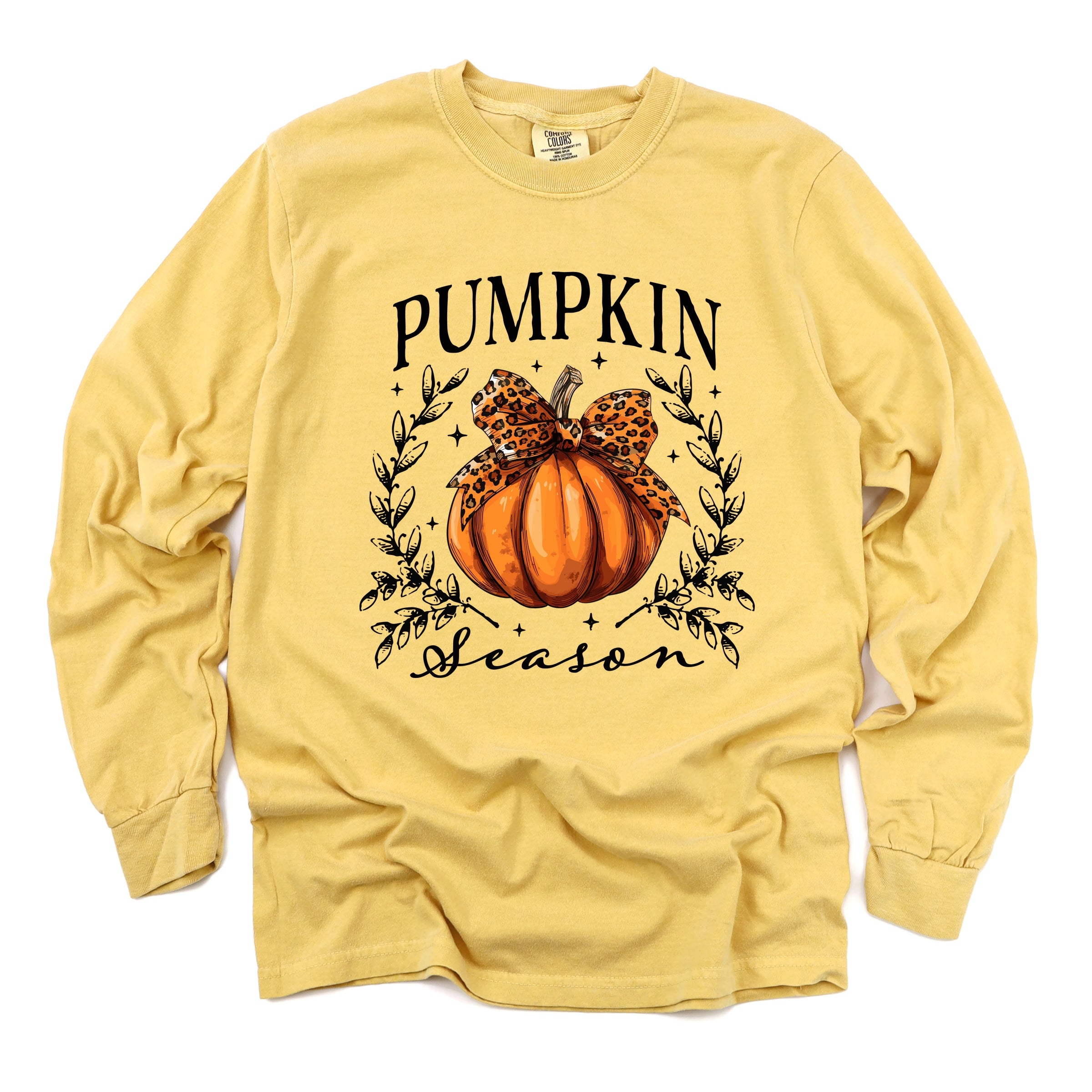 Pumpkin Season Leopard Bow - Women's Garment Dyed Long Sleeve Graphic T-Shirt