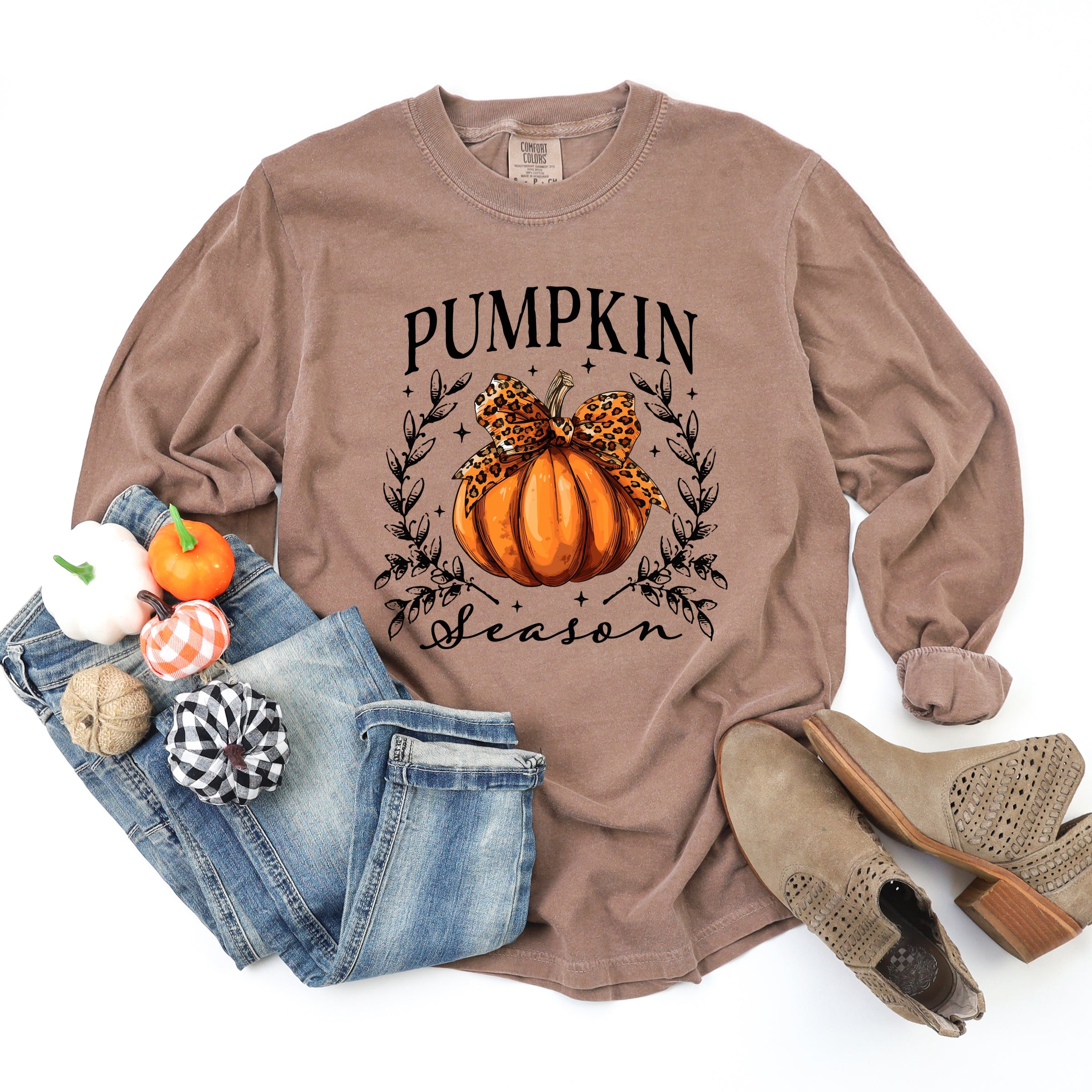 Pumpkin Season Leopard Bow - Women's Garment Dyed Long Sleeve Graphic T-Shirt