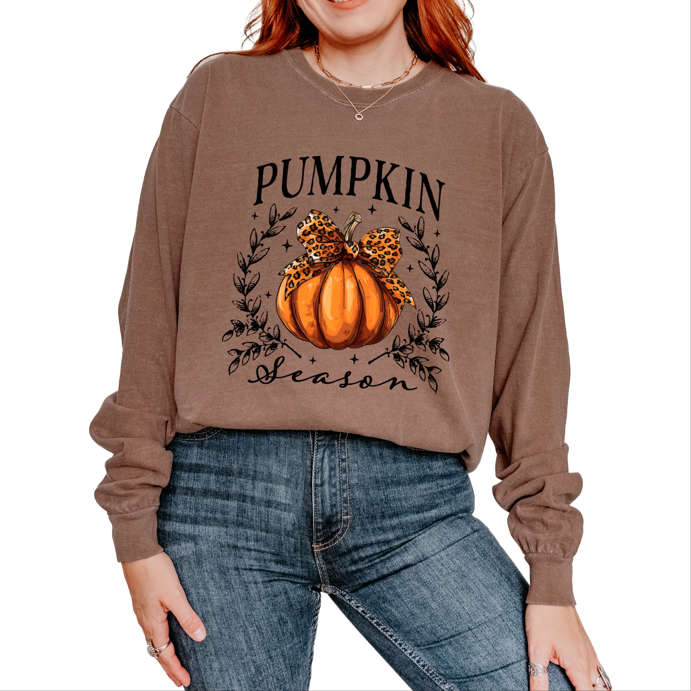 Pumpkin Season Leopard Bow - Women's Garment Dyed Long Sleeve Graphic T-Shirt
