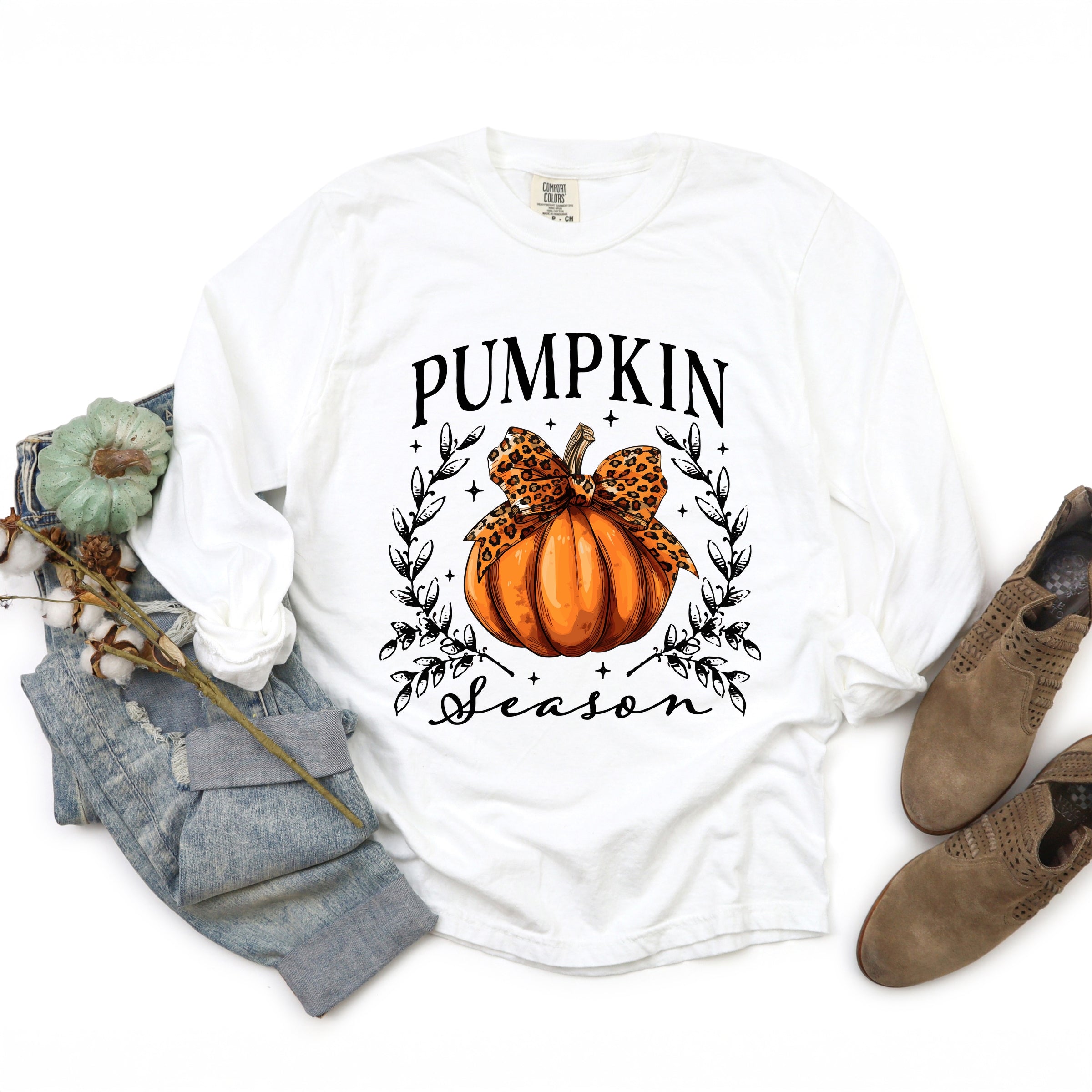 Pumpkin Season Leopard Bow - Women's Garment Dyed Long Sleeve Graphic T-Shirt