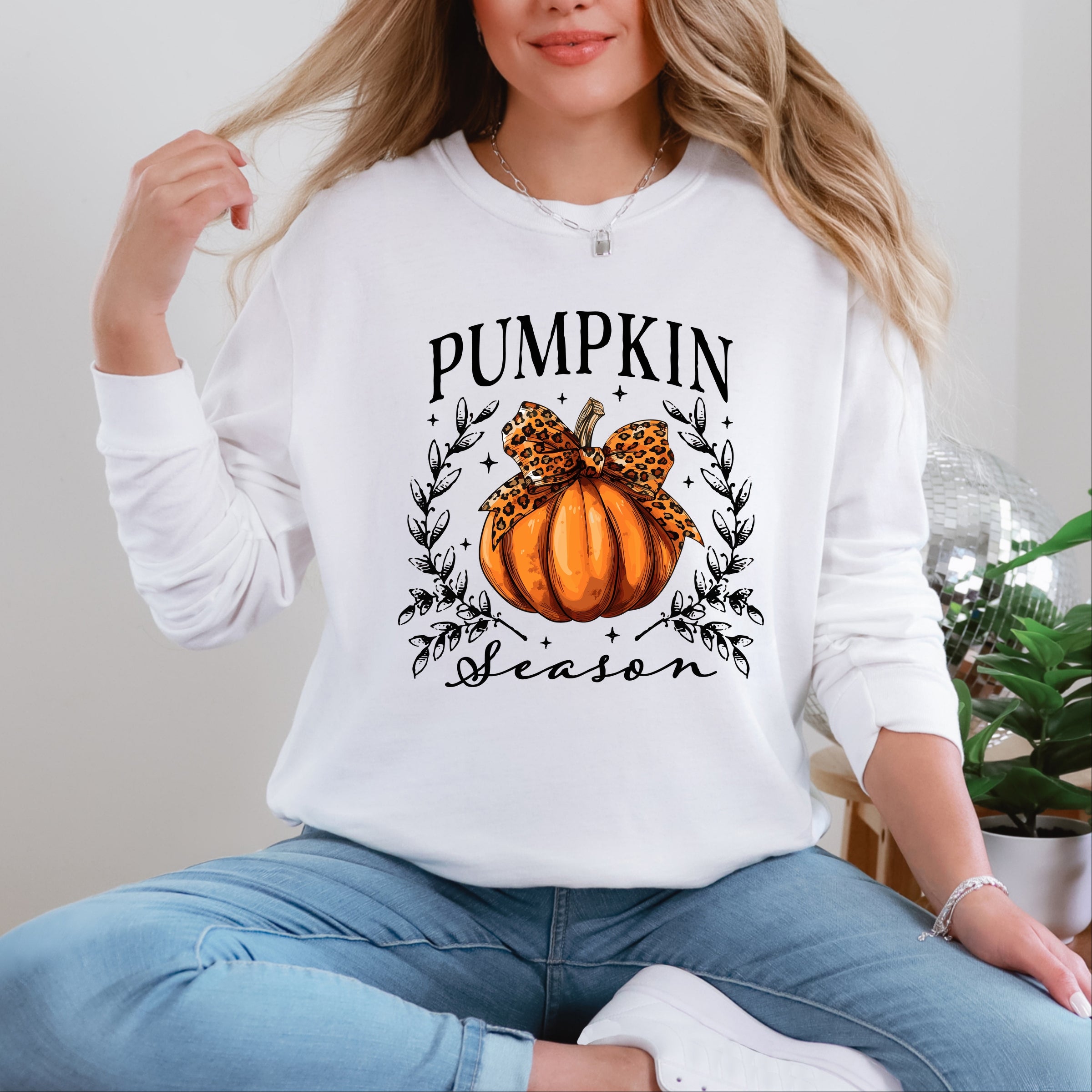 Pumpkin Season Leopard Bow - Women's Garment Dyed Long Sleeve Graphic T-Shirt