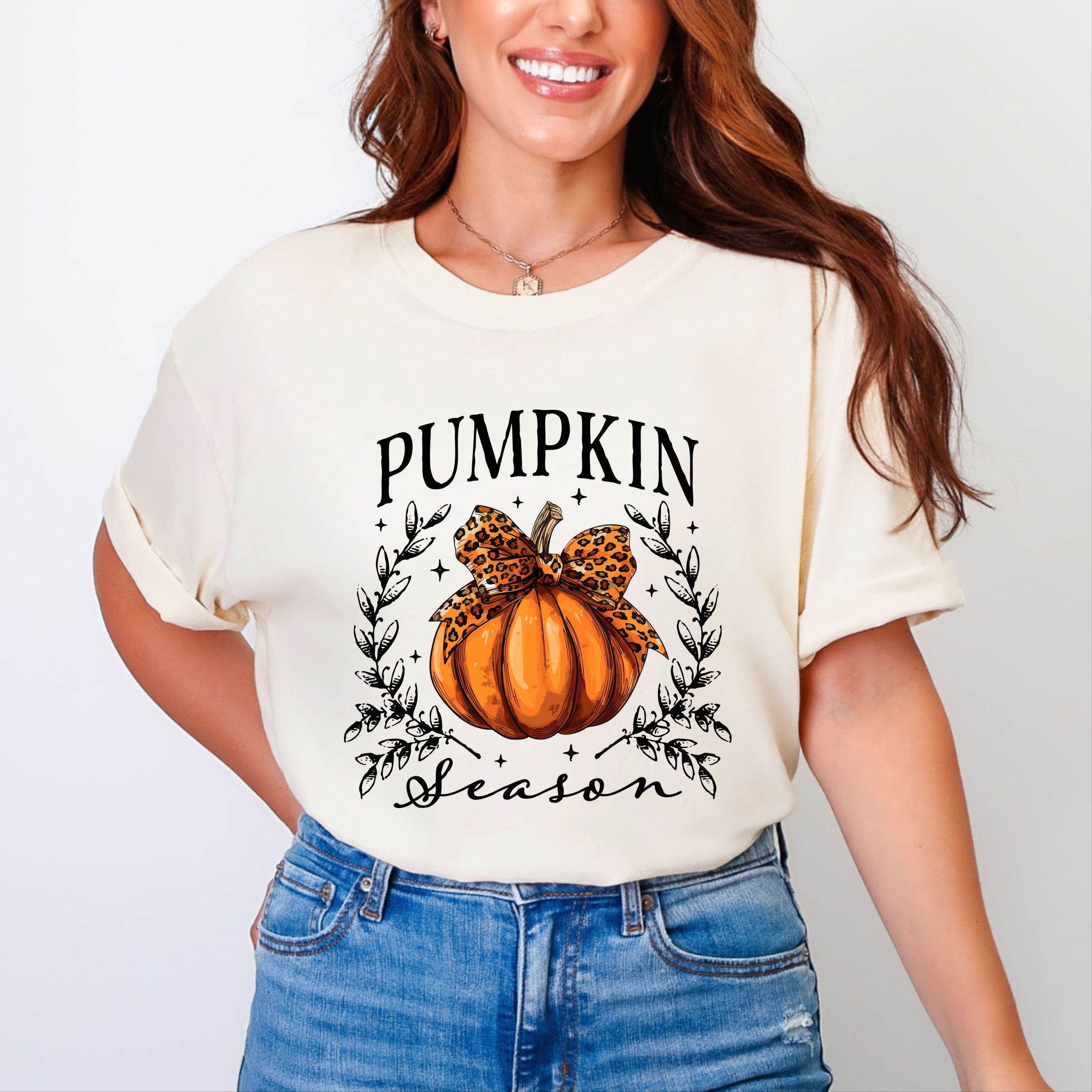 Pumpkin Season Leopard Bow - Women's Garment Dyed Graphic T-Shirt