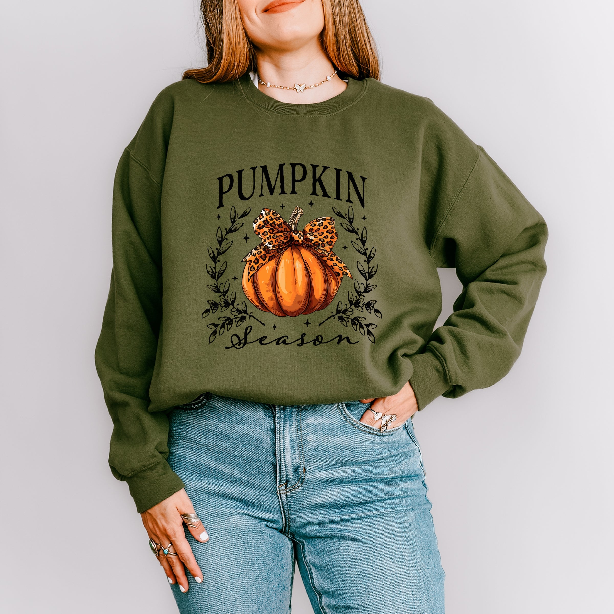 Pumpkin Season Leopard Bow - Women's Graphic Sweatshirt
