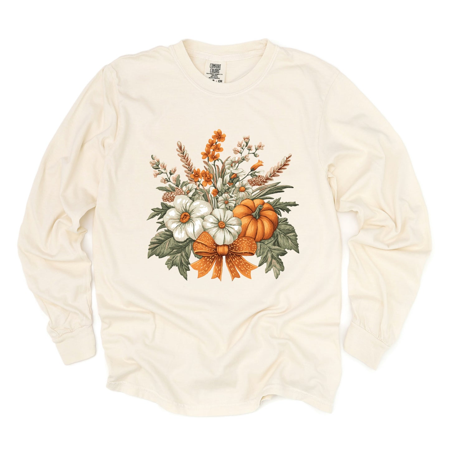 Coquette Orange Bow Fall Floral - Women's Garment Dyed Long Sleeve Graphic T-Shirt