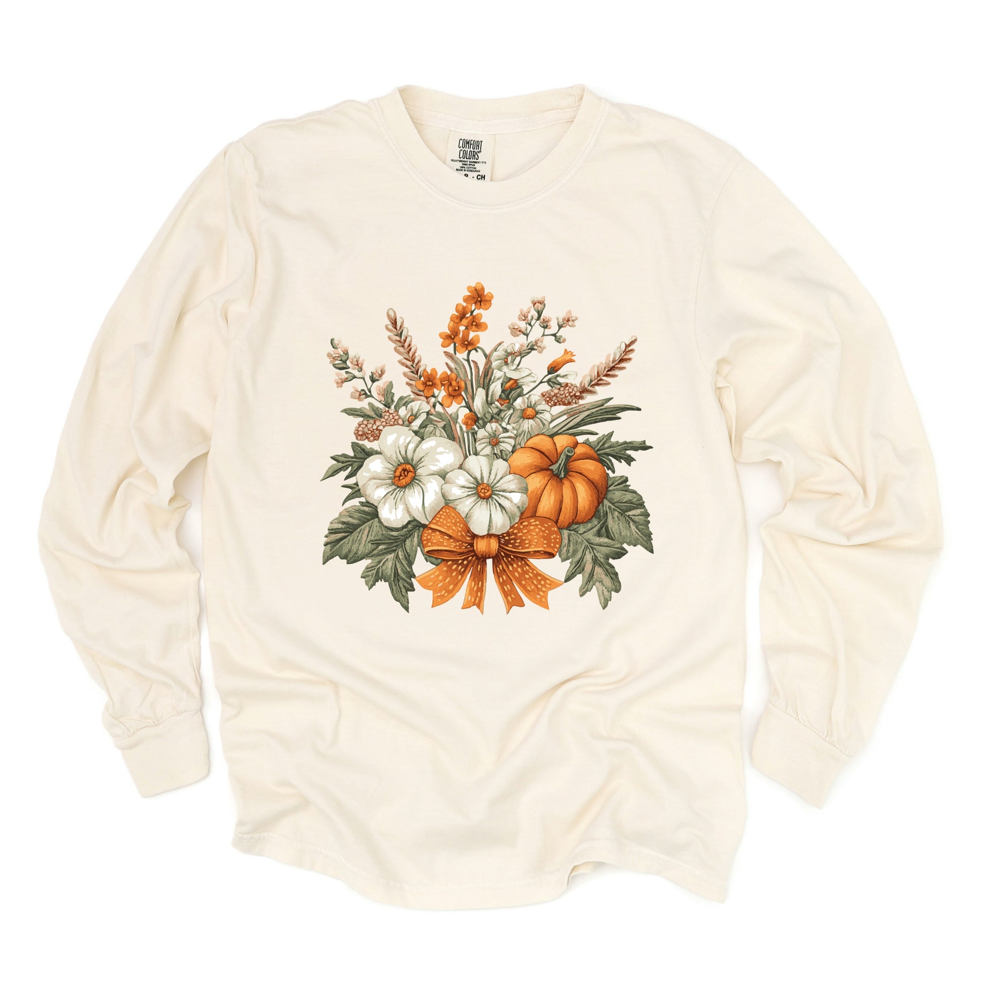 Coquette Orange Bow Fall Floral - Women's Garment Dyed Long Sleeve Graphic T-Shirt