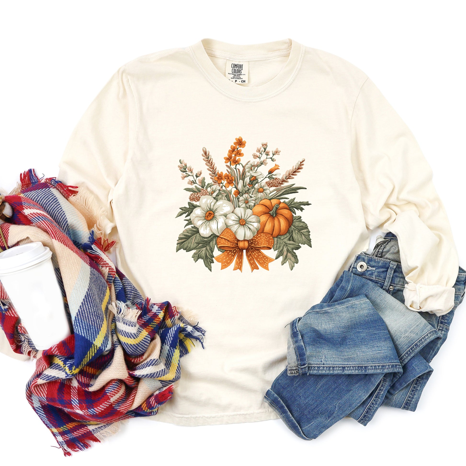 Coquette Orange Bow Fall Floral - Women's Garment Dyed Long Sleeve Graphic T-Shirt