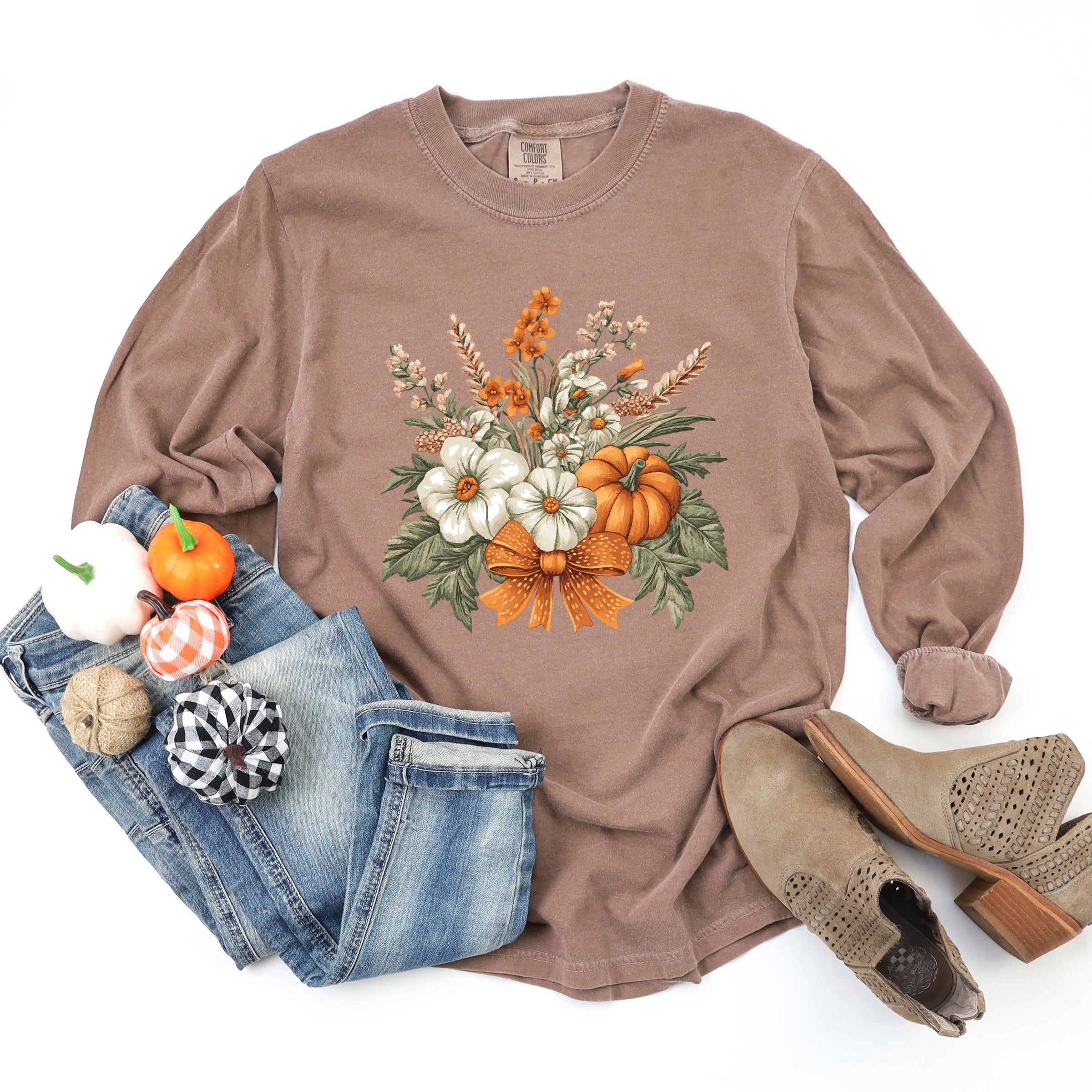 Coquette Orange Bow Fall Floral - Women's Garment Dyed Long Sleeve Graphic T-Shirt