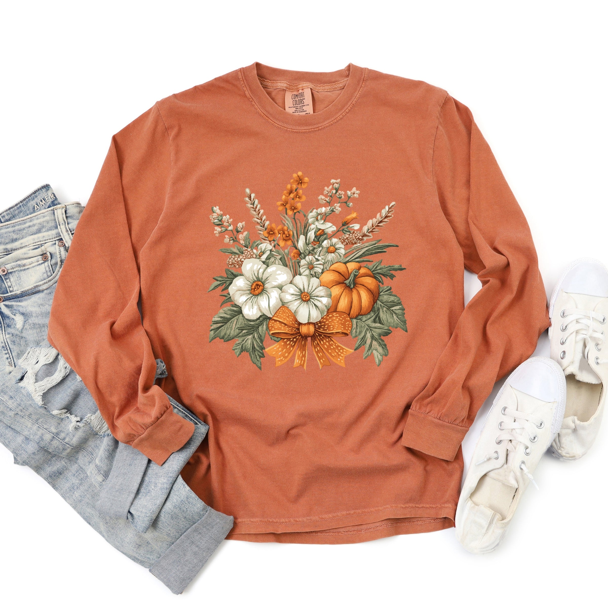 Coquette Orange Bow Fall Floral - Women's Garment Dyed Long Sleeve Graphic T-Shirt