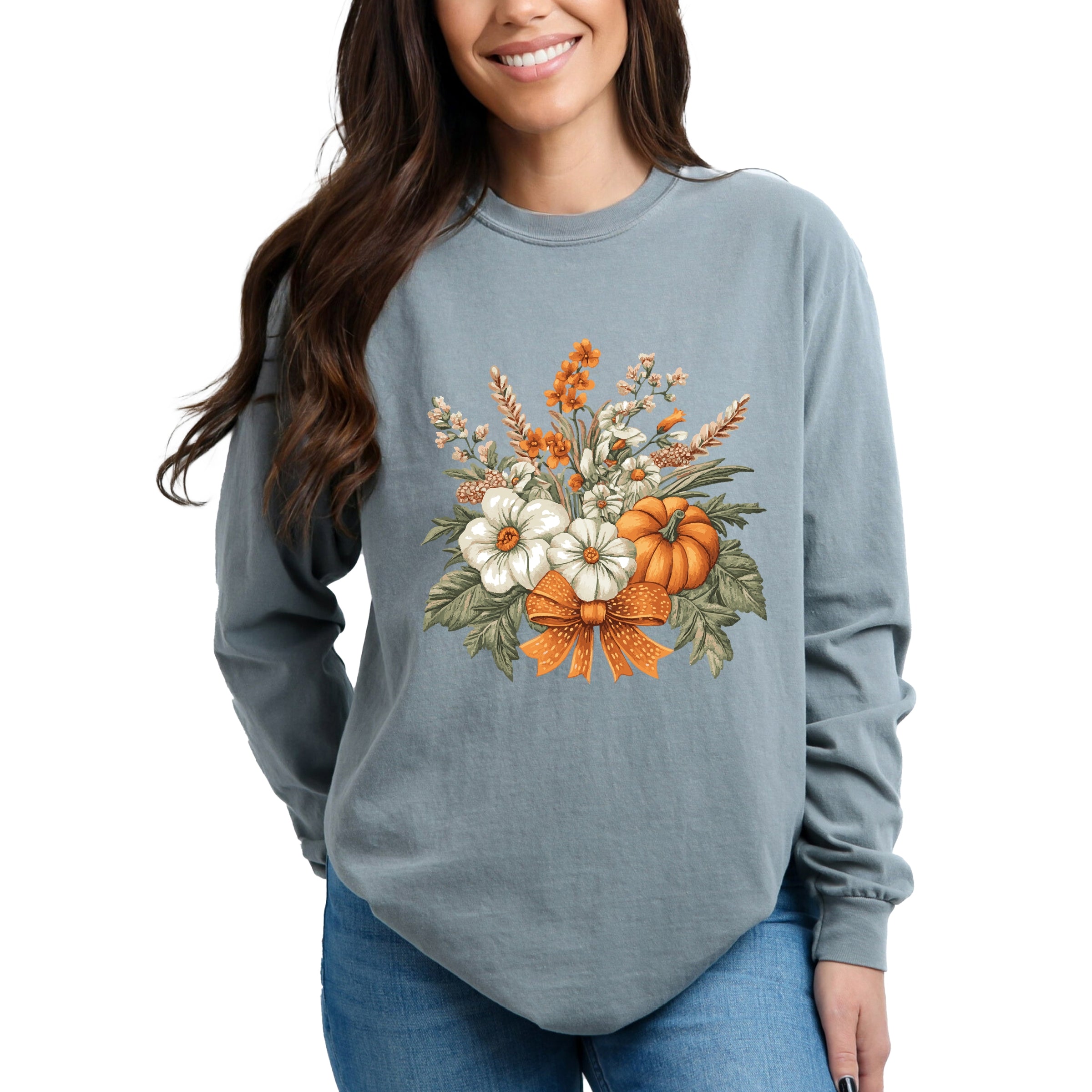 Coquette Orange Bow Fall Floral - Women's Garment Dyed Long Sleeve Graphic T-Shirt