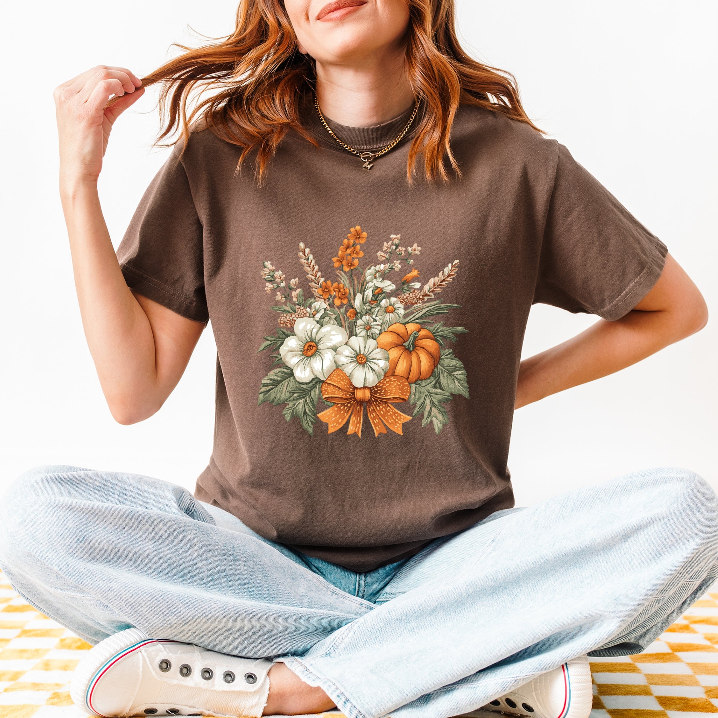 Coquette Orange Bow Fall Floral - Women's Garment Dyed Graphic T-Shirt
