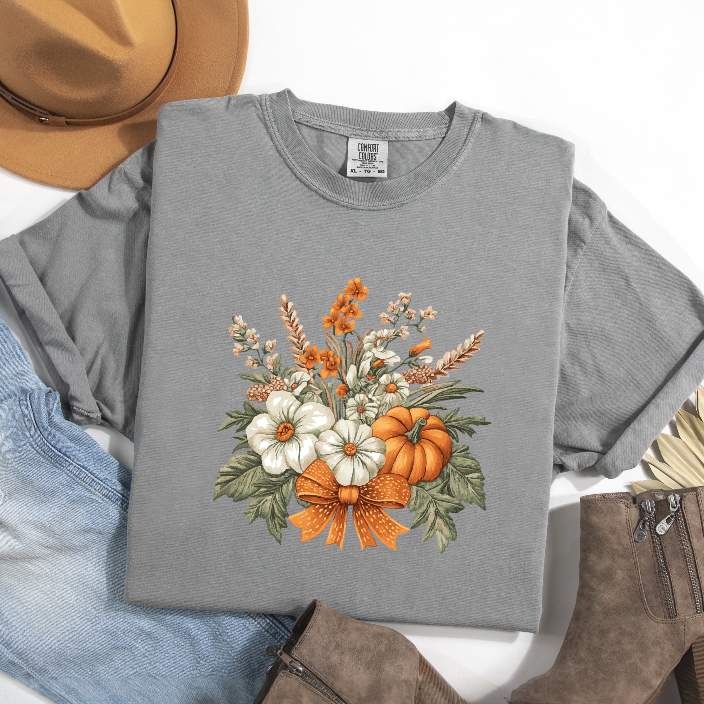 Coquette Orange Bow Fall Floral - Women's Garment Dyed Graphic T-Shirt