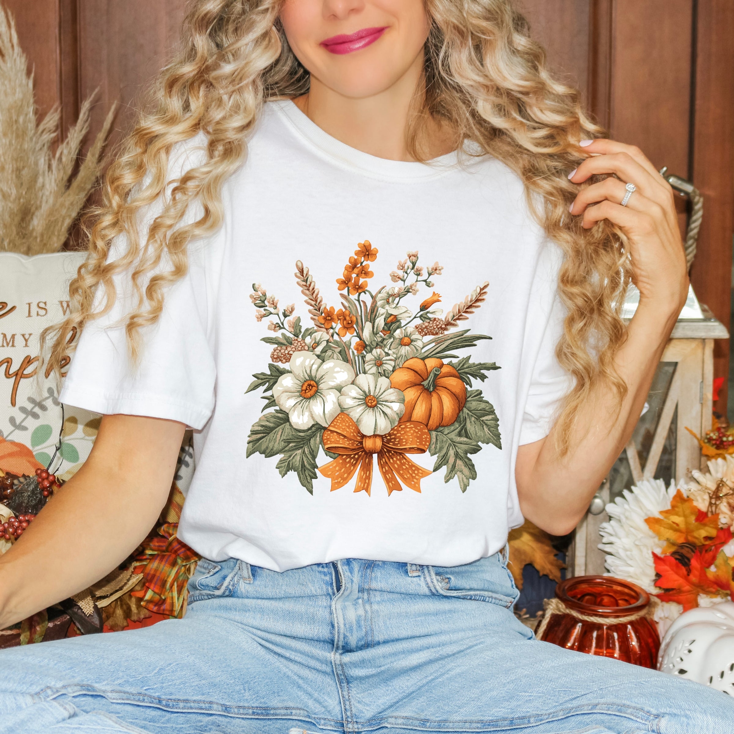 Coquette Orange Bow Fall Floral - Women's Garment Dyed Graphic T-Shirt