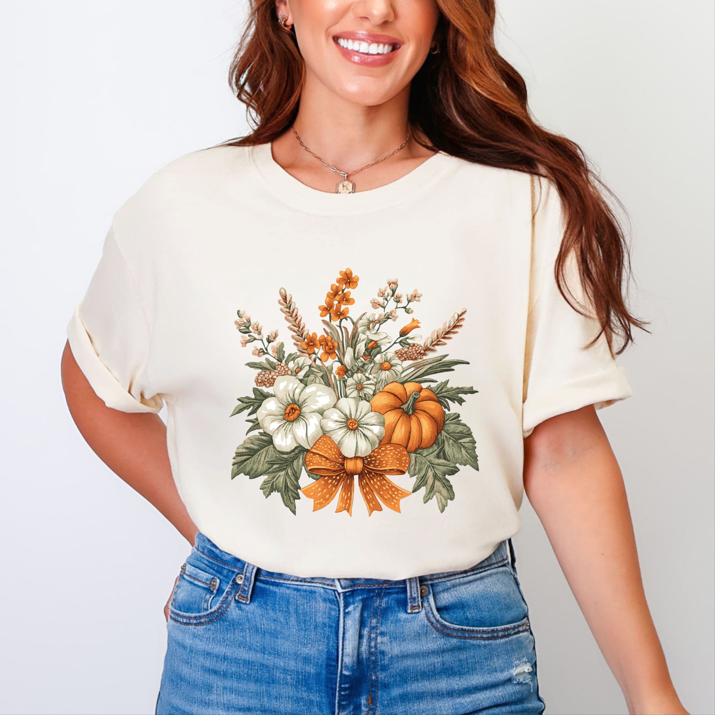 Coquette Orange Bow Fall Floral - Women's Garment Dyed Graphic T-Shirt