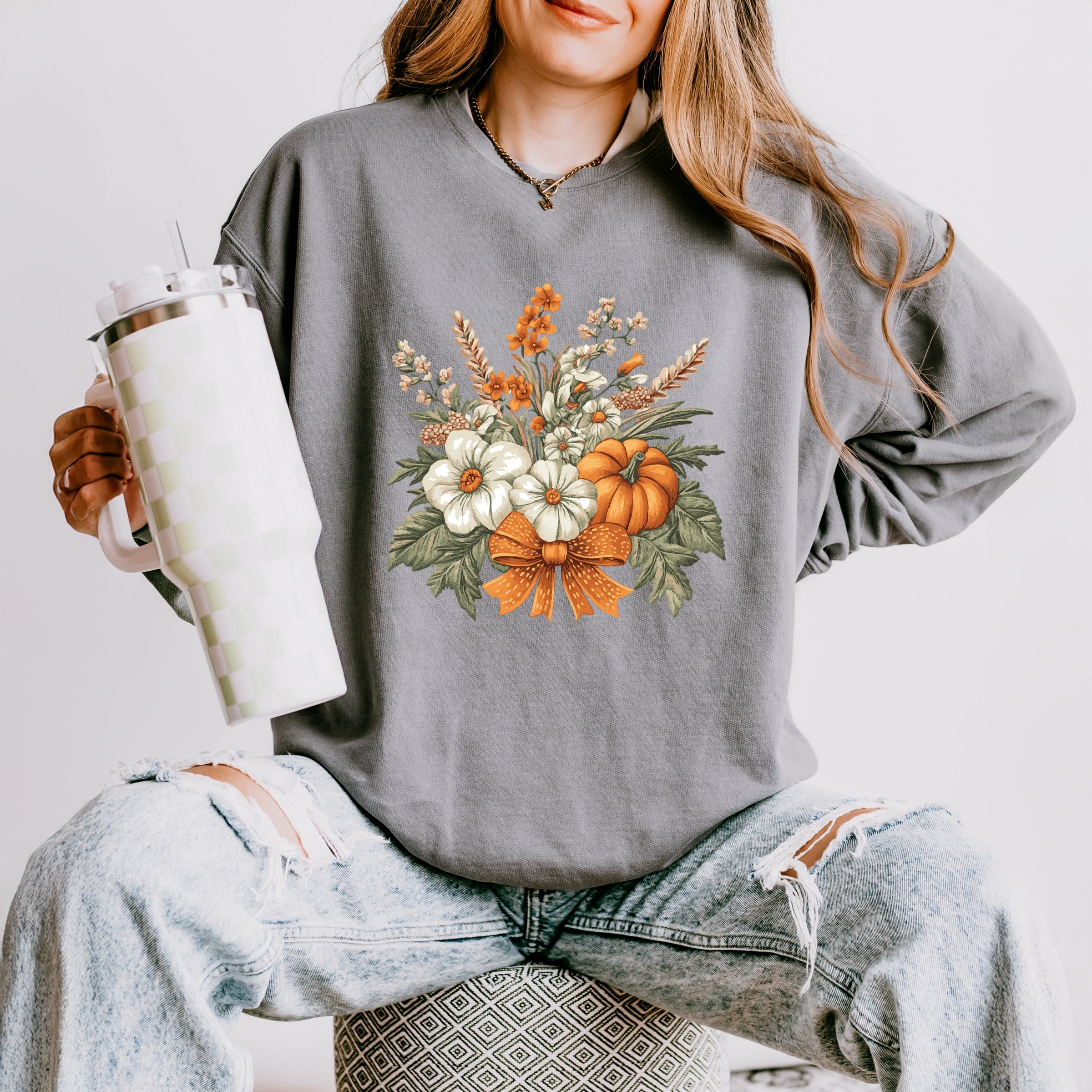 Coquette Orange Bow Fall Floral - Women's Lightweight Garment Dyed Sweatshirt