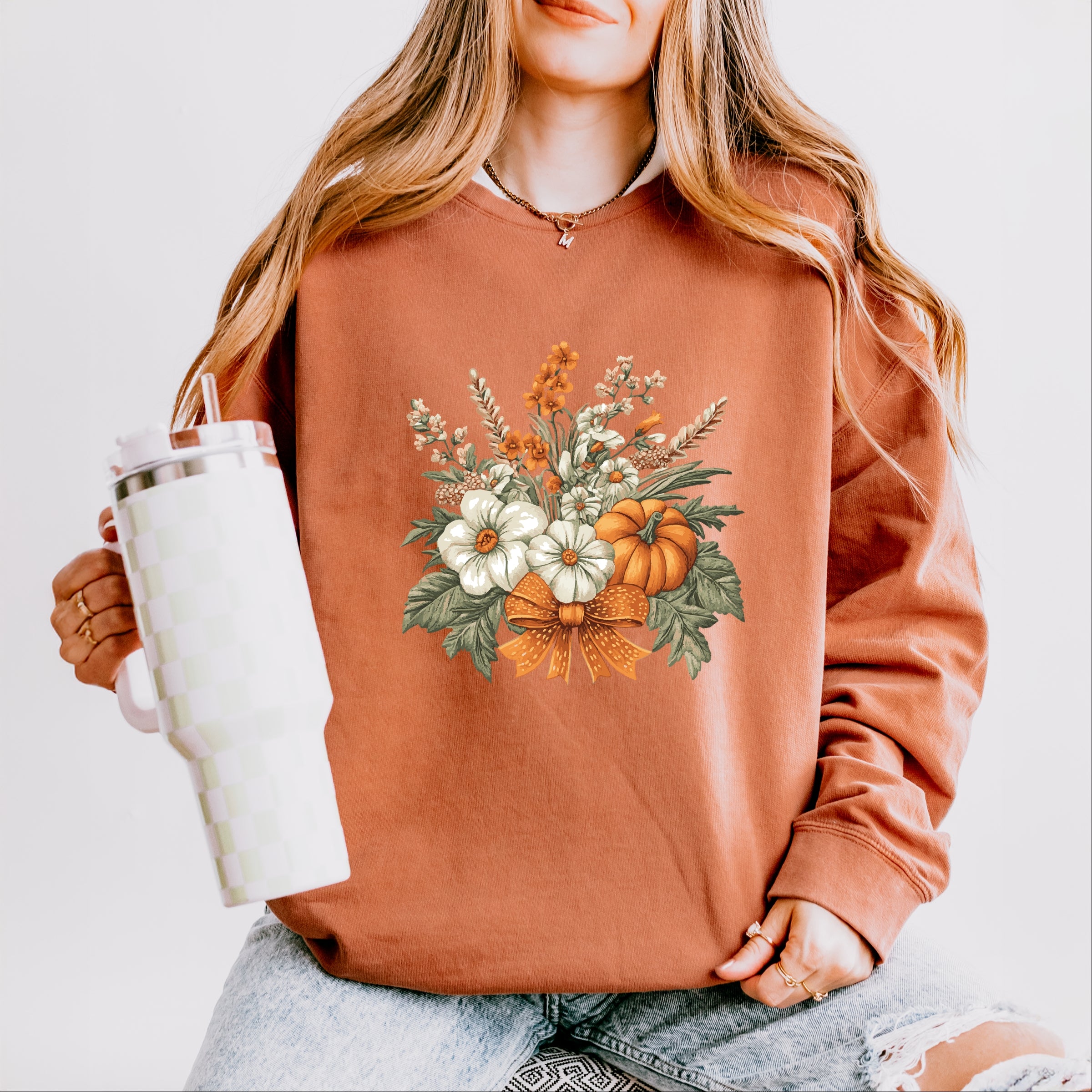Coquette Orange Bow Fall Floral - Women's Lightweight Garment Dyed Sweatshirt