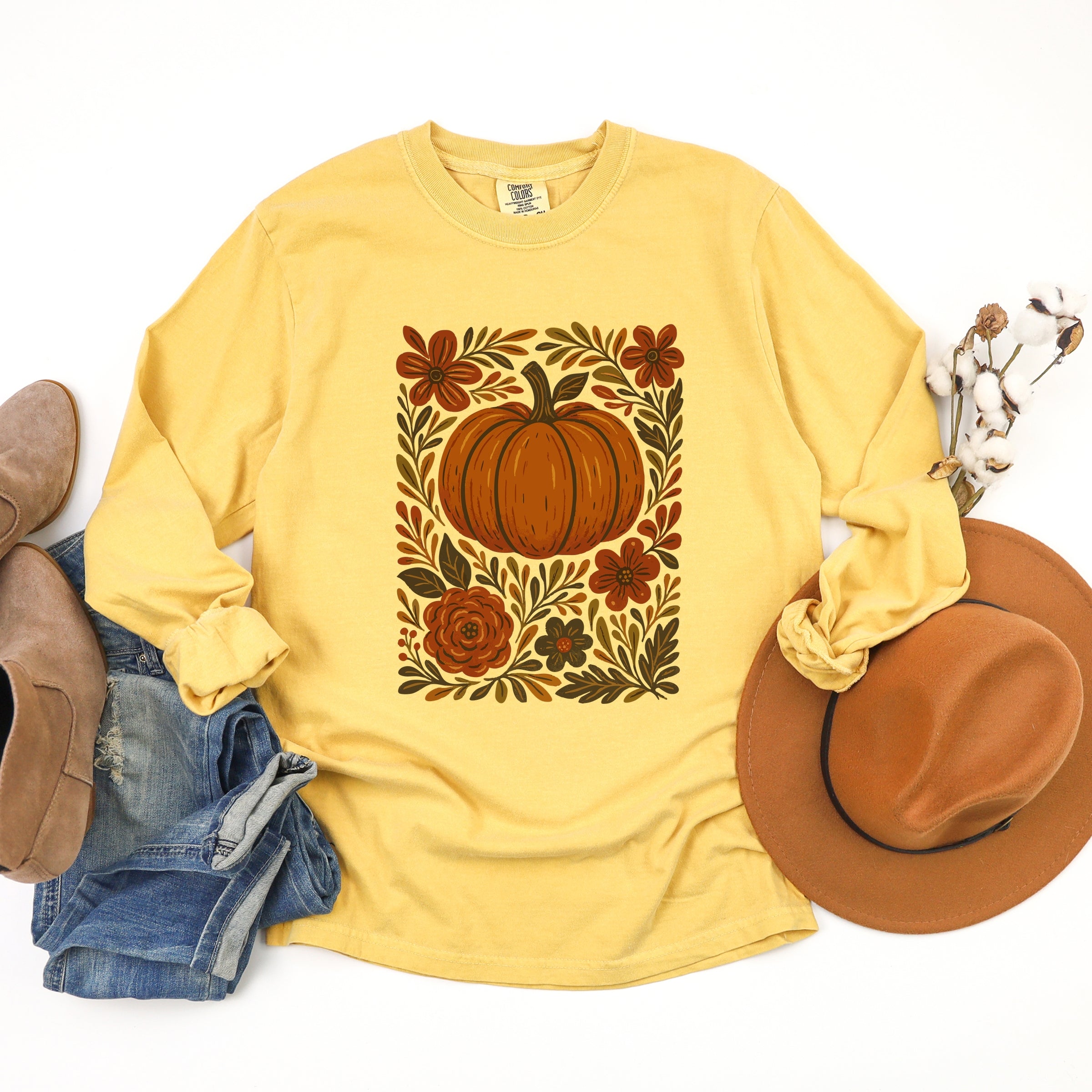 Pumpkin Boho Floral - Garment Dyed Long Sleeve