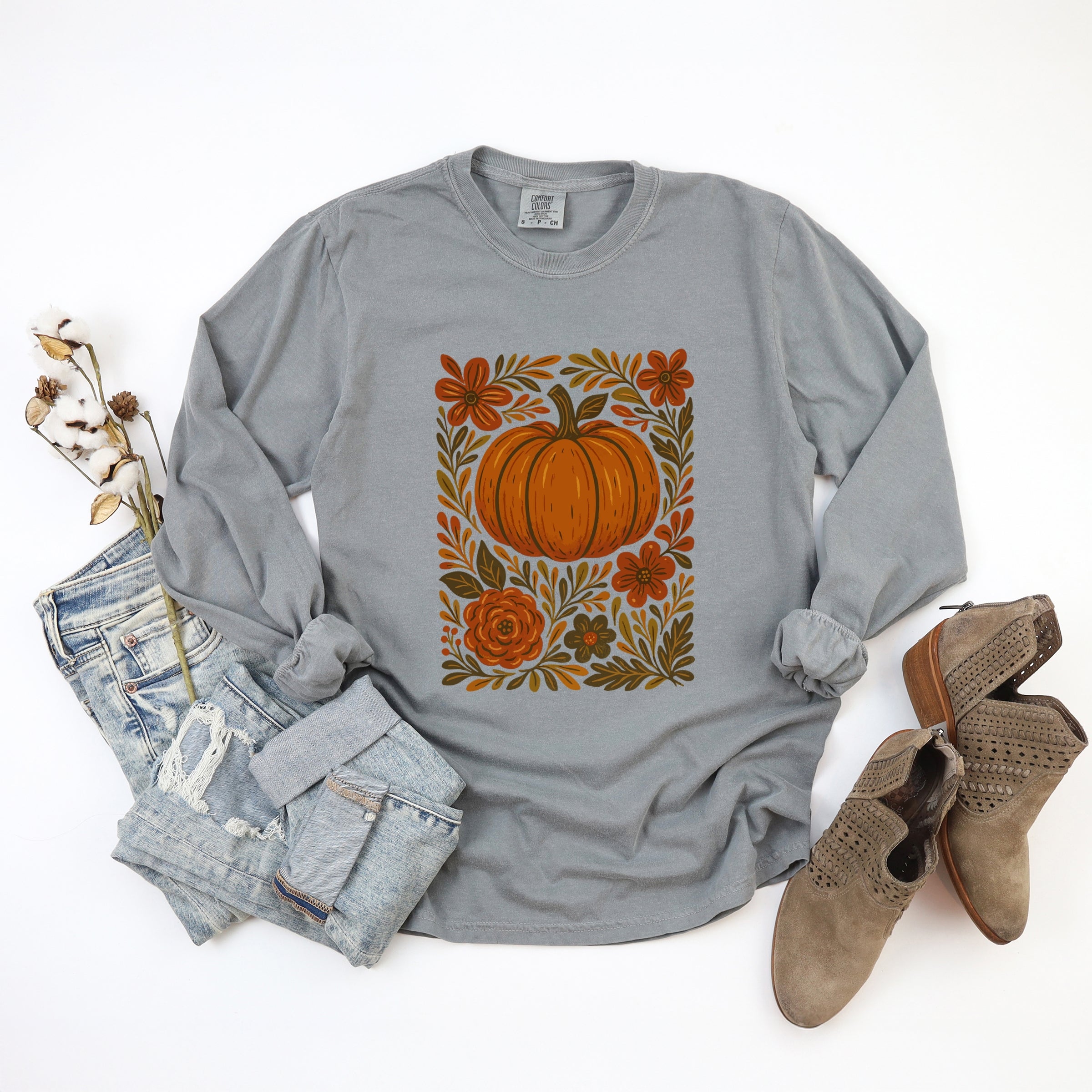 Pumpkin Boho Floral - Garment Dyed Long Sleeve