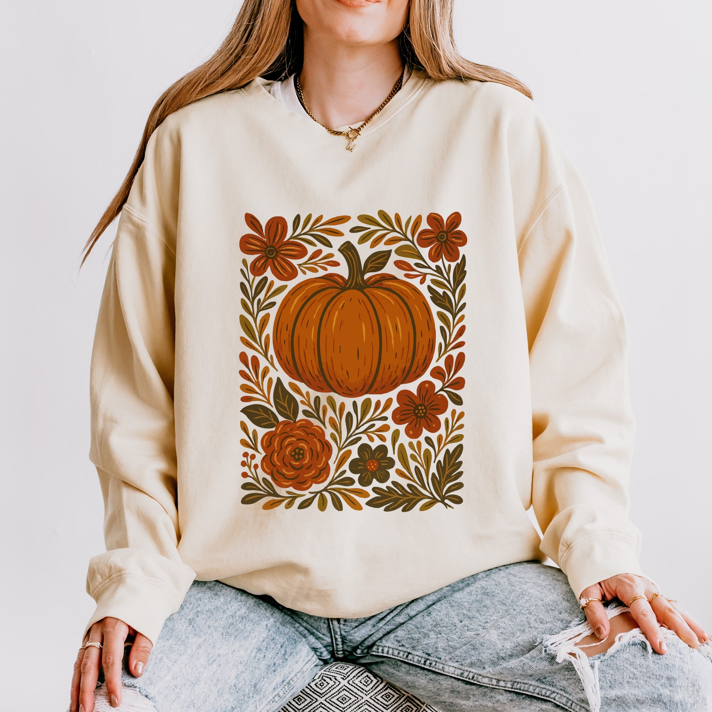 Pumpkin Boho Floral - Lightweight Garment Dyed Sweatshirt