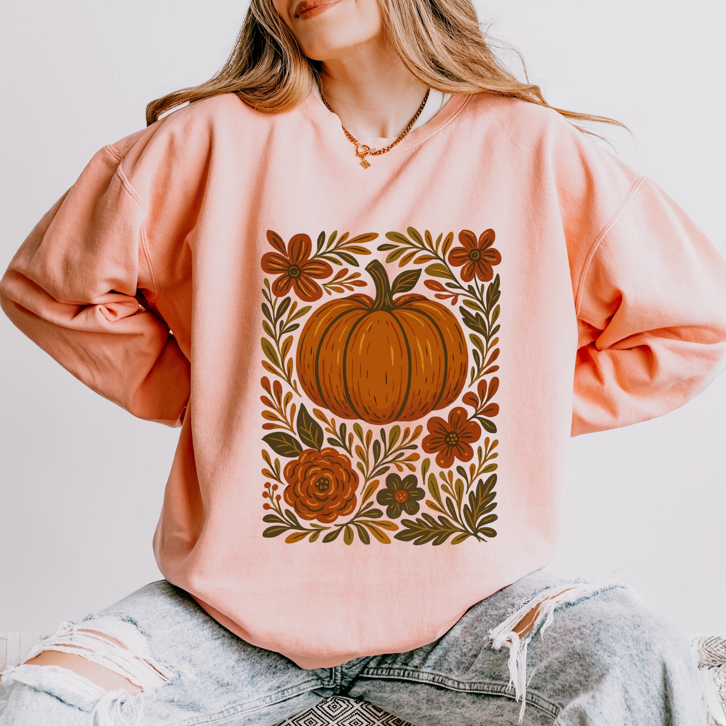 Pumpkin Boho Floral - Lightweight Garment Dyed Sweatshirt