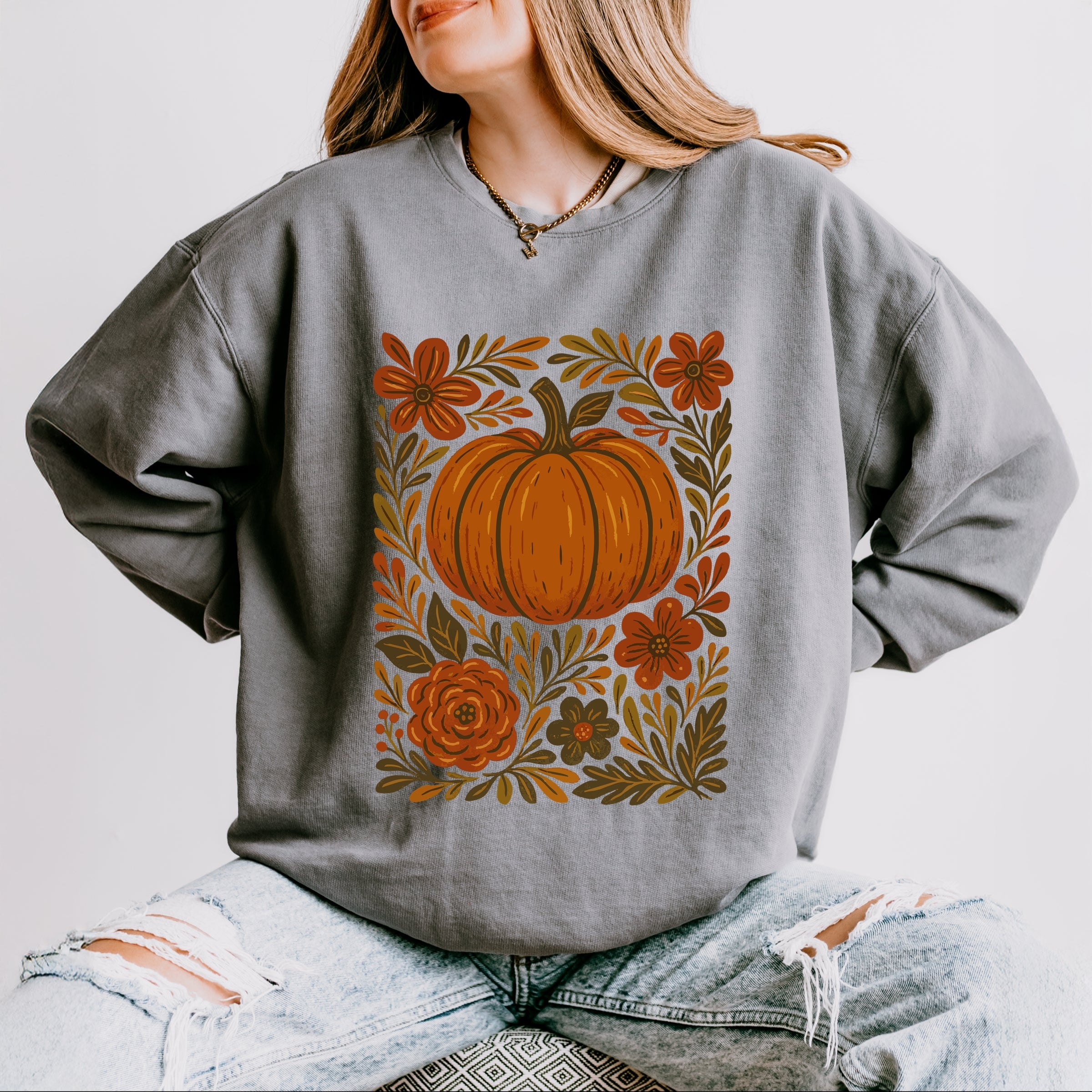 Pumpkin Boho Floral - Lightweight Garment Dyed Sweatshirt