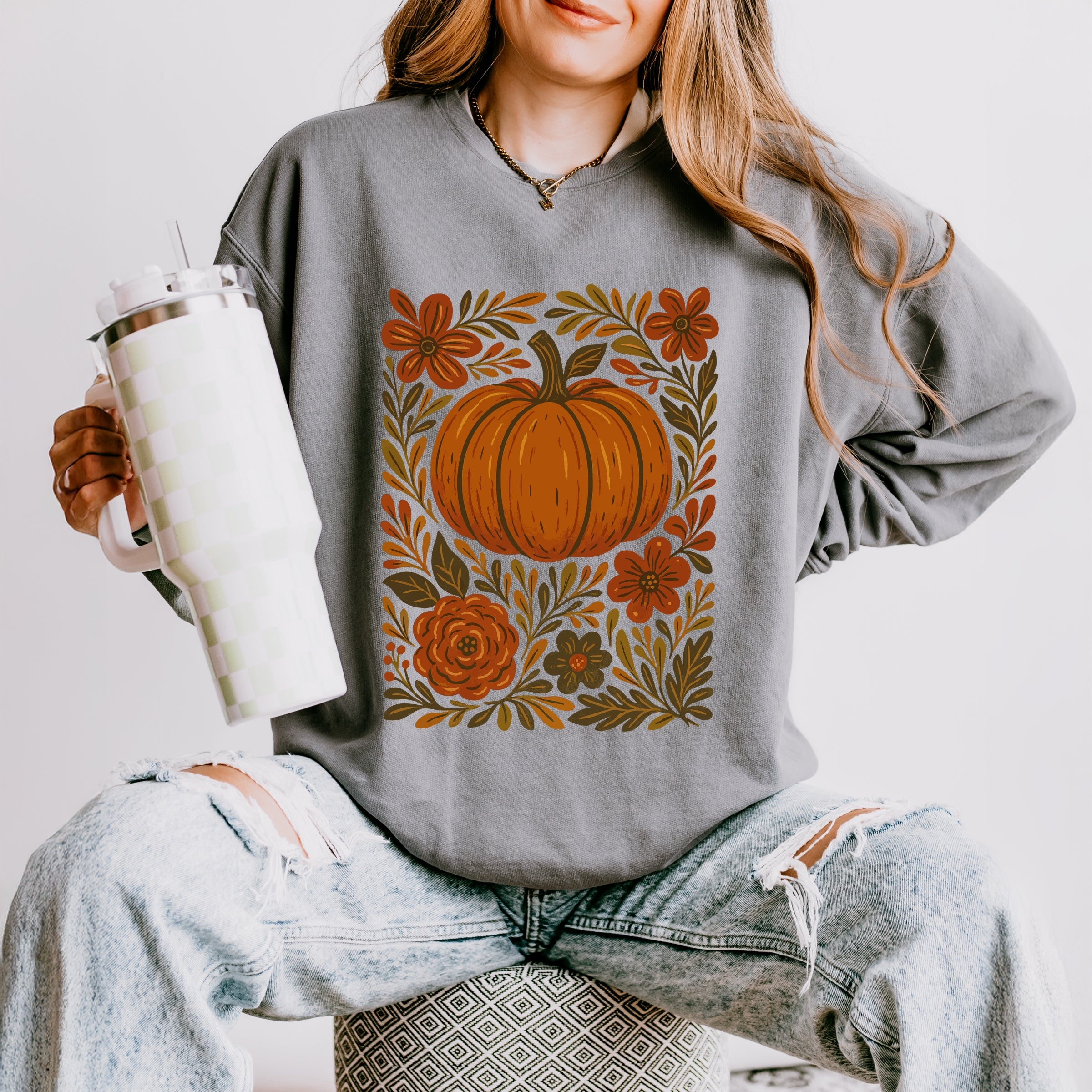 Pumpkin Boho Floral - Lightweight Garment Dyed Sweatshirt