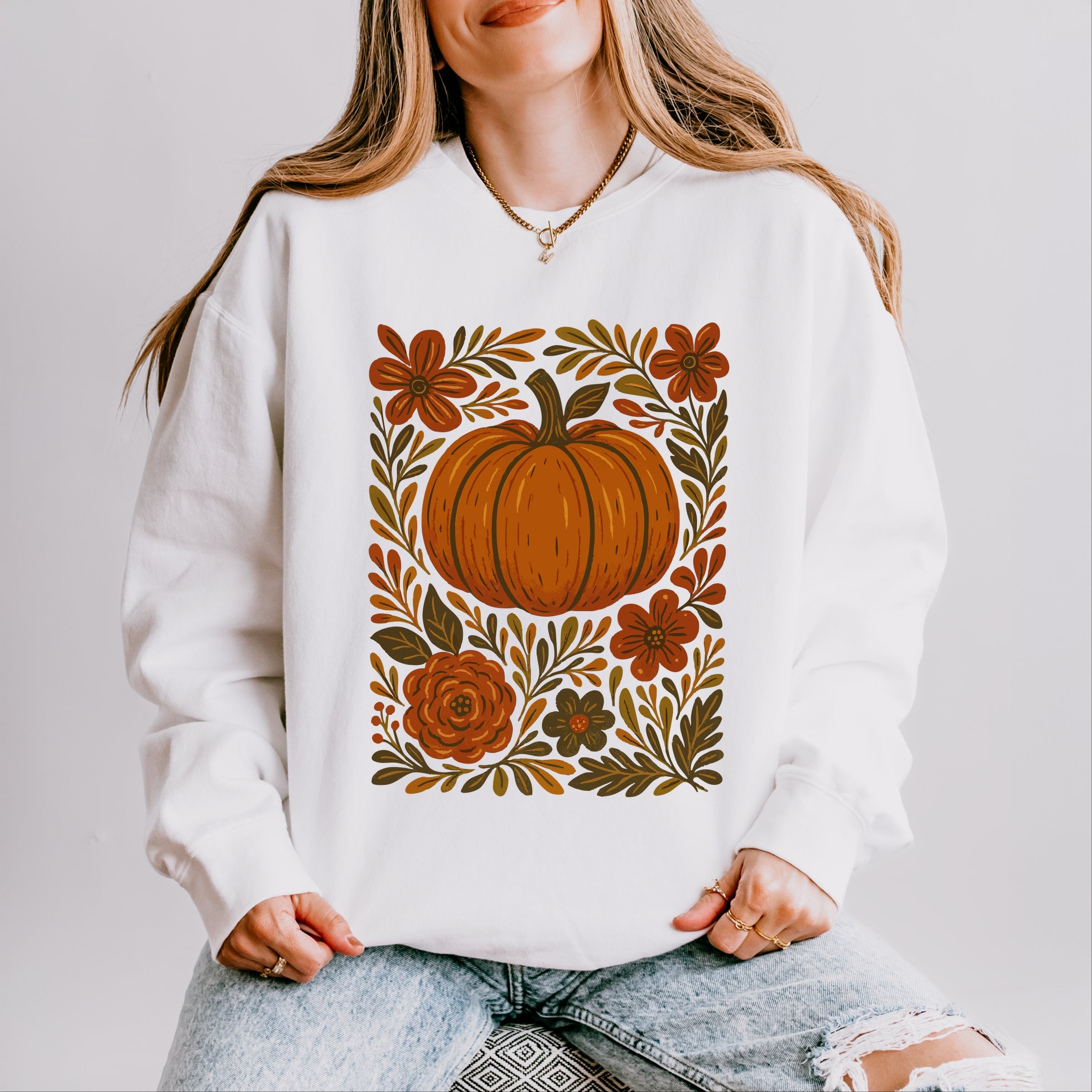 Pumpkin Boho Floral - Lightweight Garment Dyed Sweatshirt
