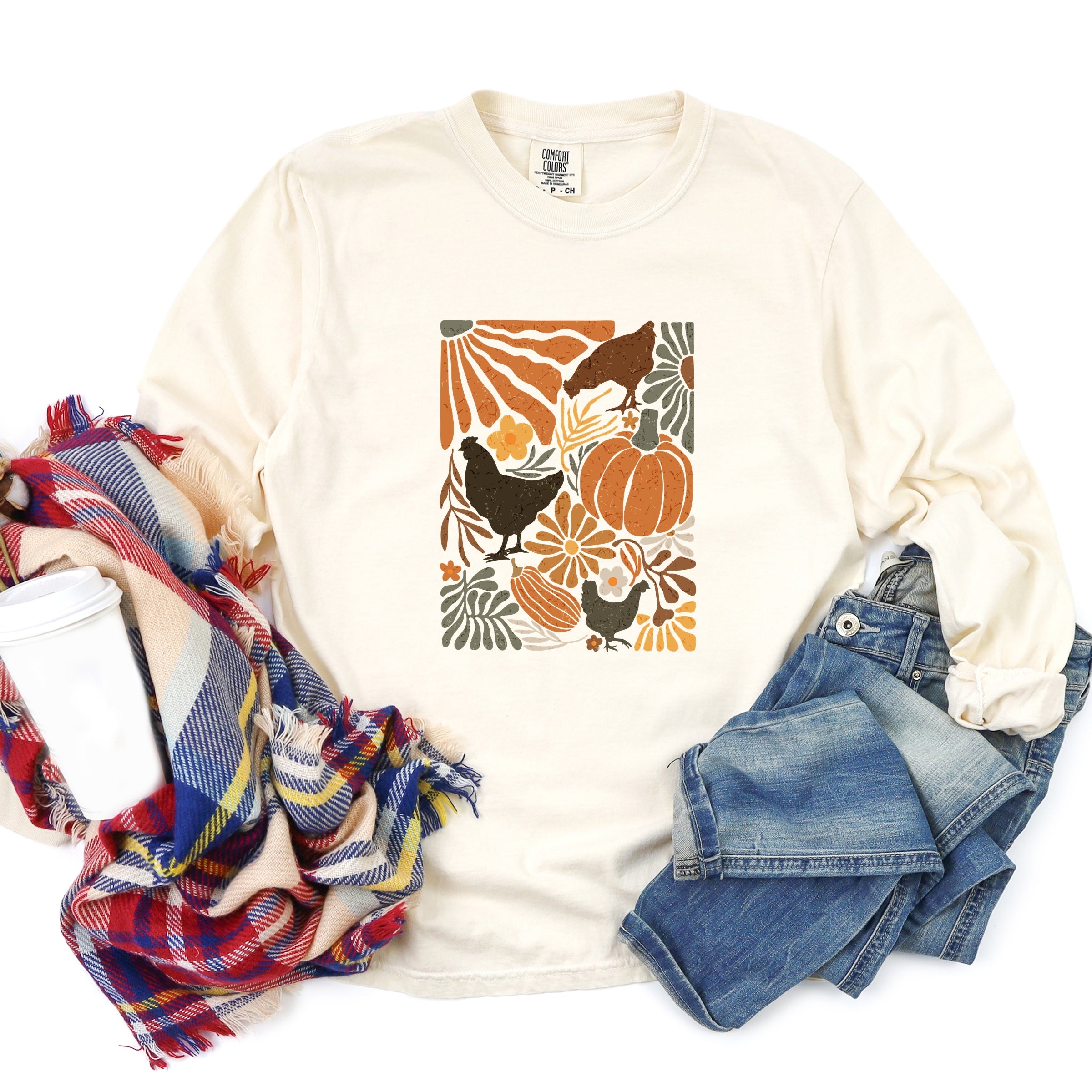 Chicken Boho Floral - Women's Garment Dyed Long Sleeve Graphic T-Shirt