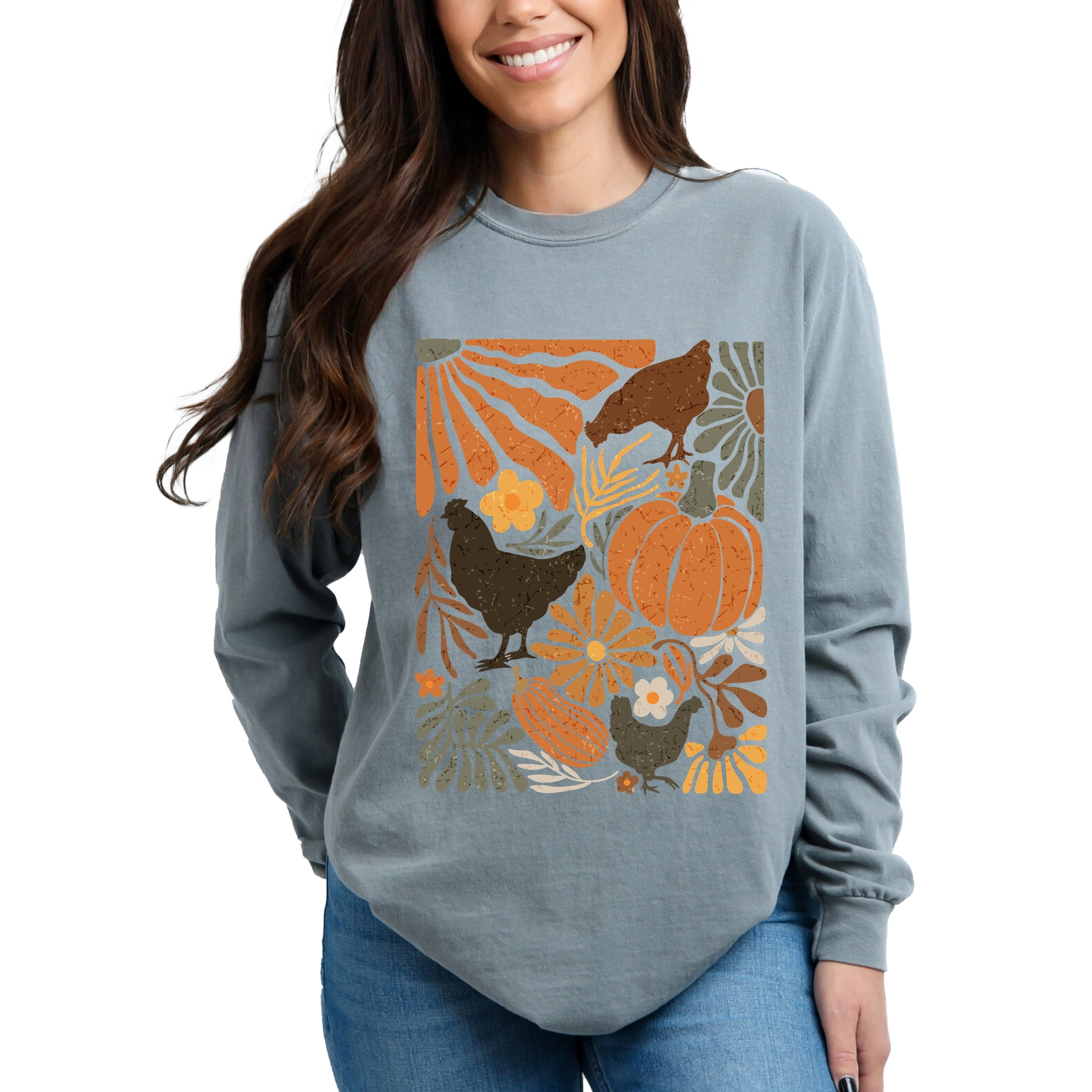 Chicken Boho Floral - Women's Garment Dyed Long Sleeve Graphic T-Shirt