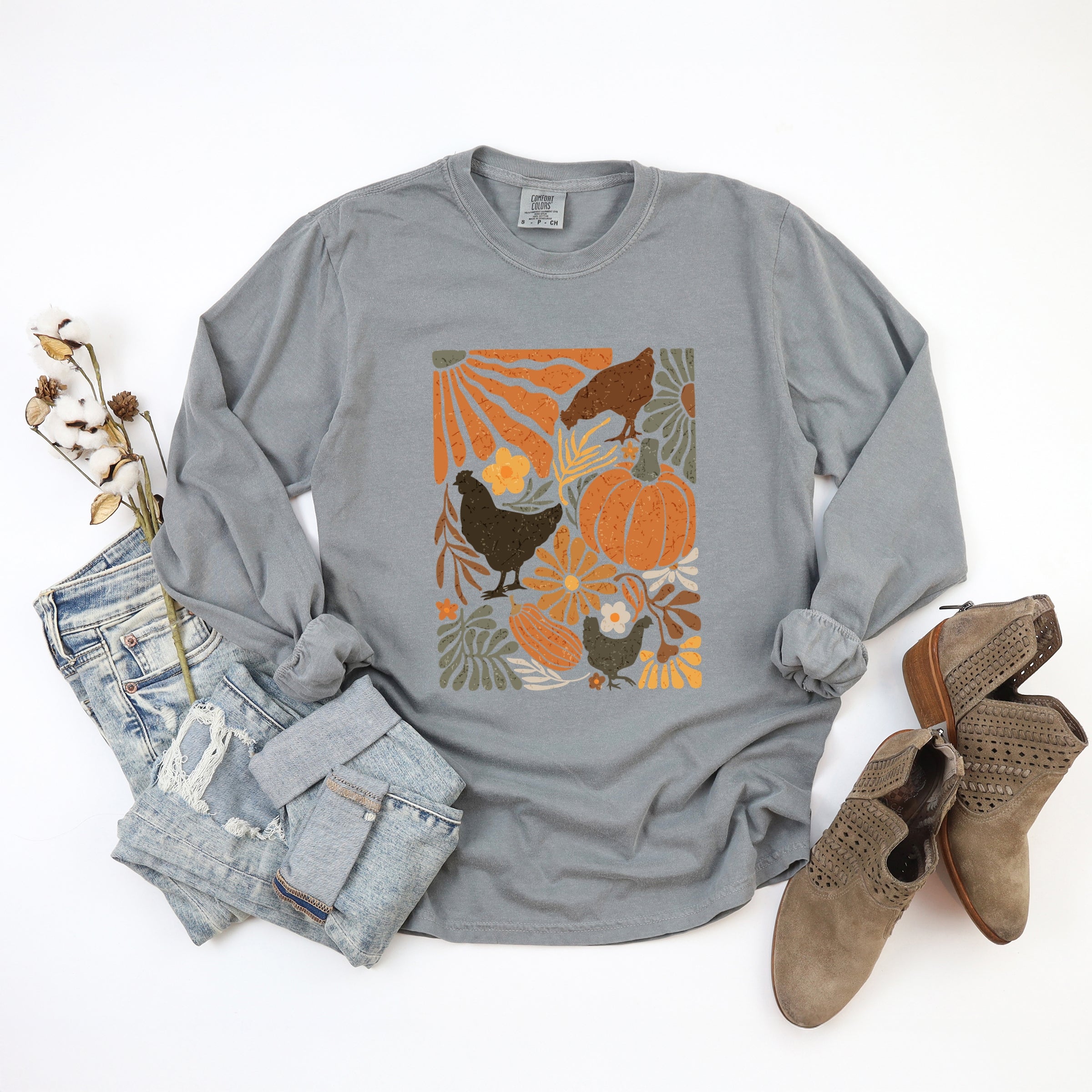 Chicken Boho Floral - Women's Garment Dyed Long Sleeve Graphic T-Shirt