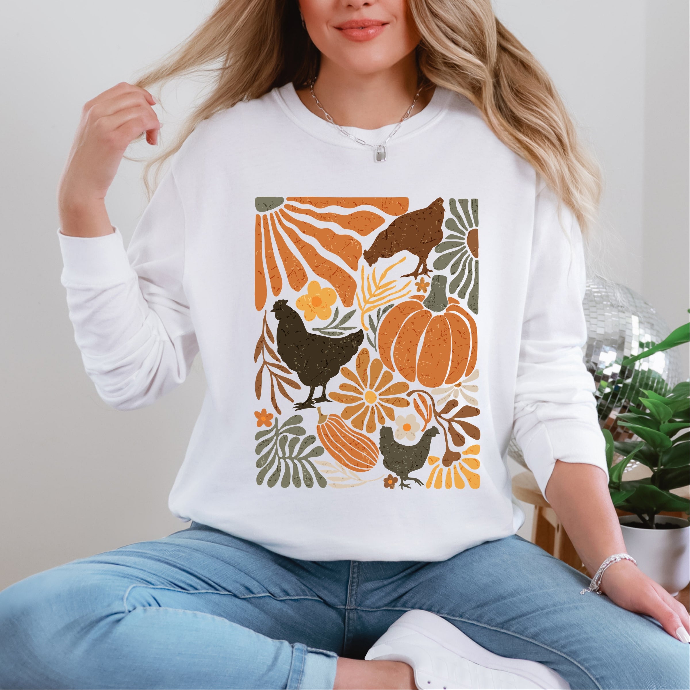 Chicken Boho Floral - Women's Garment Dyed Long Sleeve Graphic T-Shirt