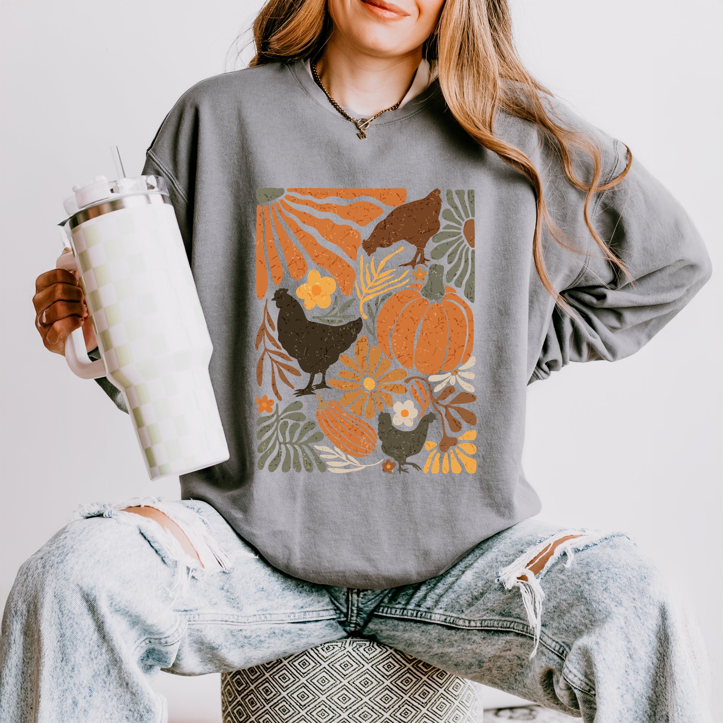 Chicken Boho Floral - Women's Lightweight Garment Dyed Sweatshirt