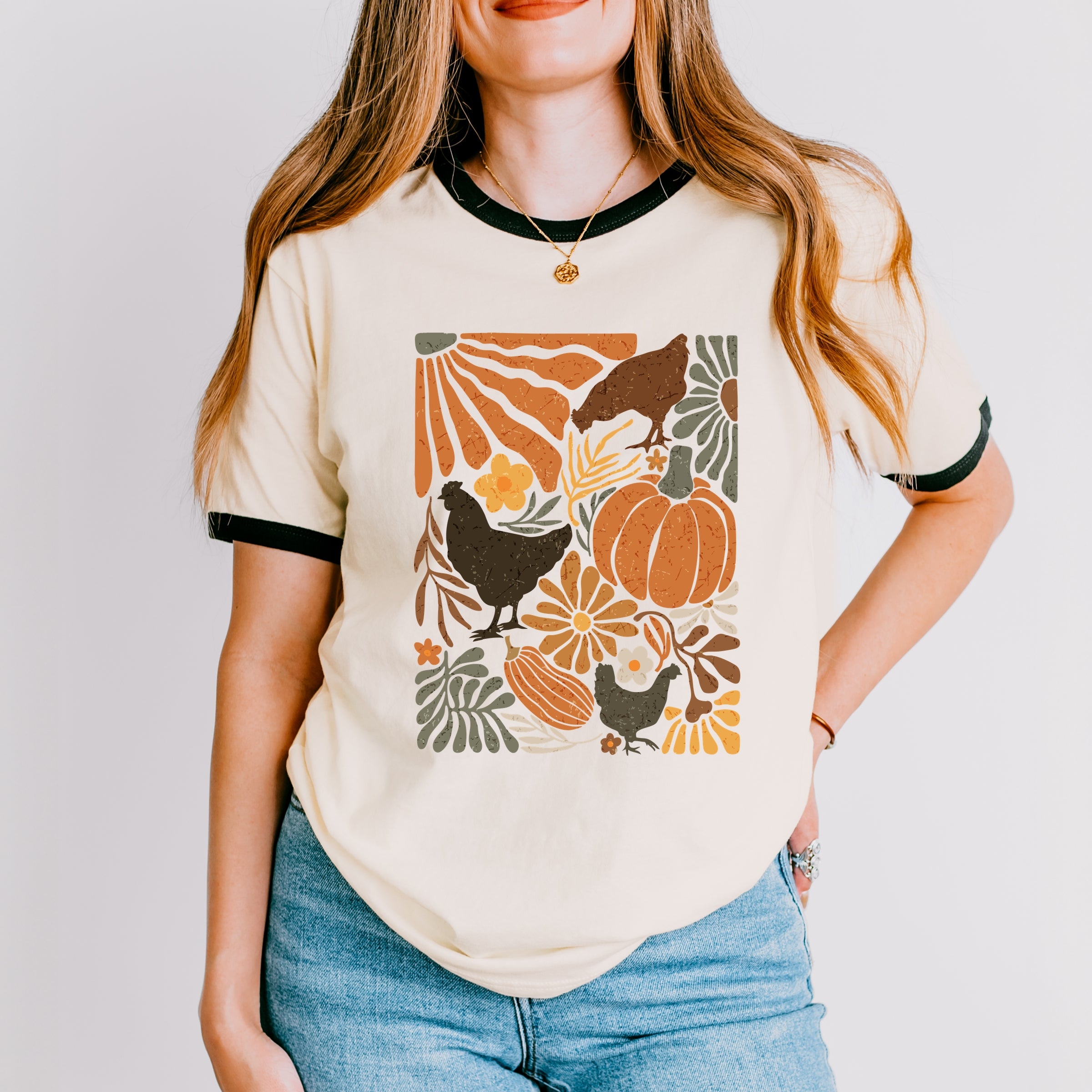 Chicken Boho Floral - Women's Ringer Graphic T-Shirt