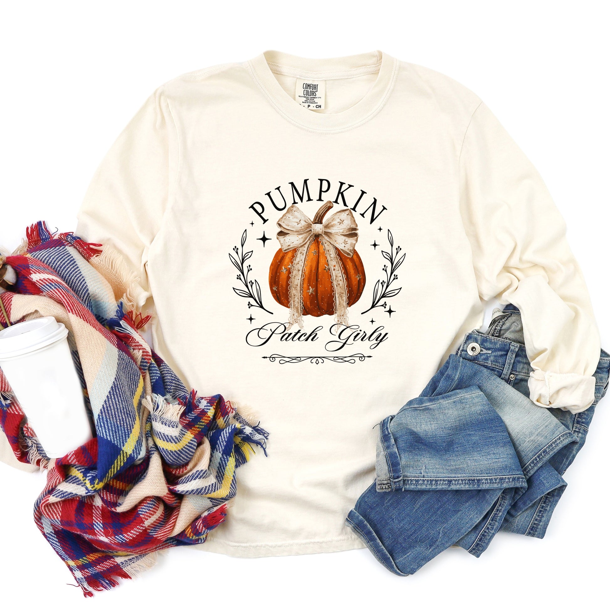 Coquette Pumpkin Patch Girly - Women's Garment Dyed Long Sleeve Graphic T-Shirt