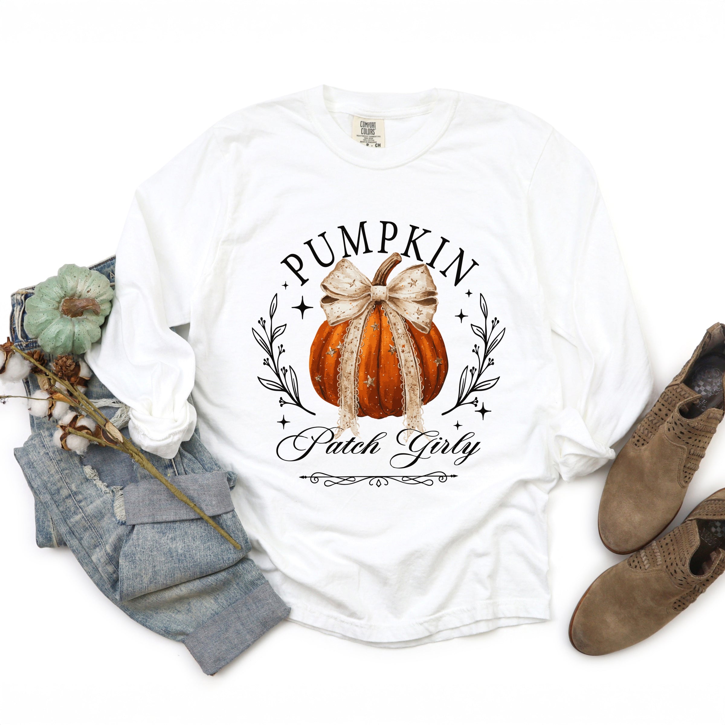 Coquette Pumpkin Patch Girly - Women's Garment Dyed Long Sleeve Graphic T-Shirt