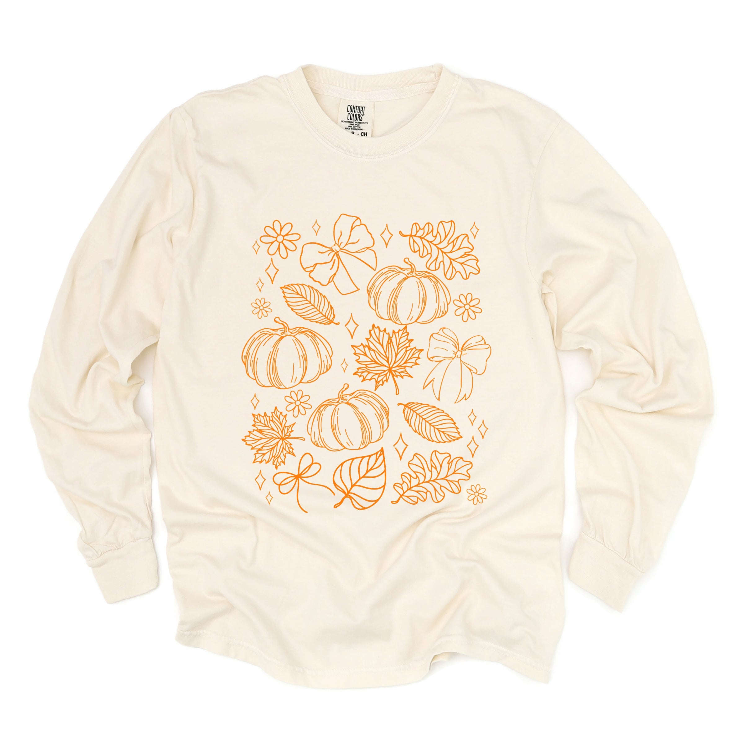 Fall Decorations Outline - Women's Garment Dyed Long Sleeve Graphic T-Shirt