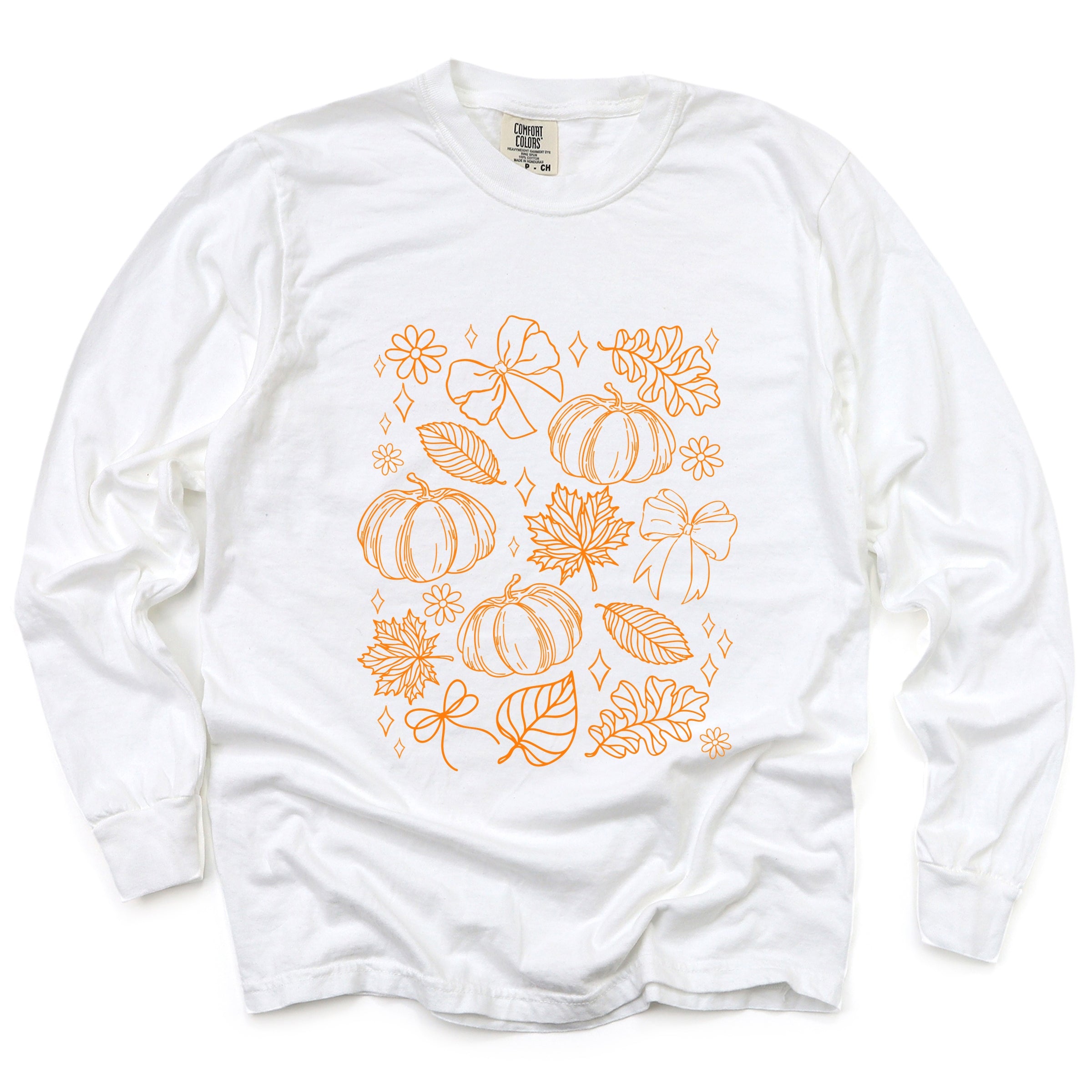 Fall Decorations Outline - Women's Garment Dyed Long Sleeve Graphic T-Shirt