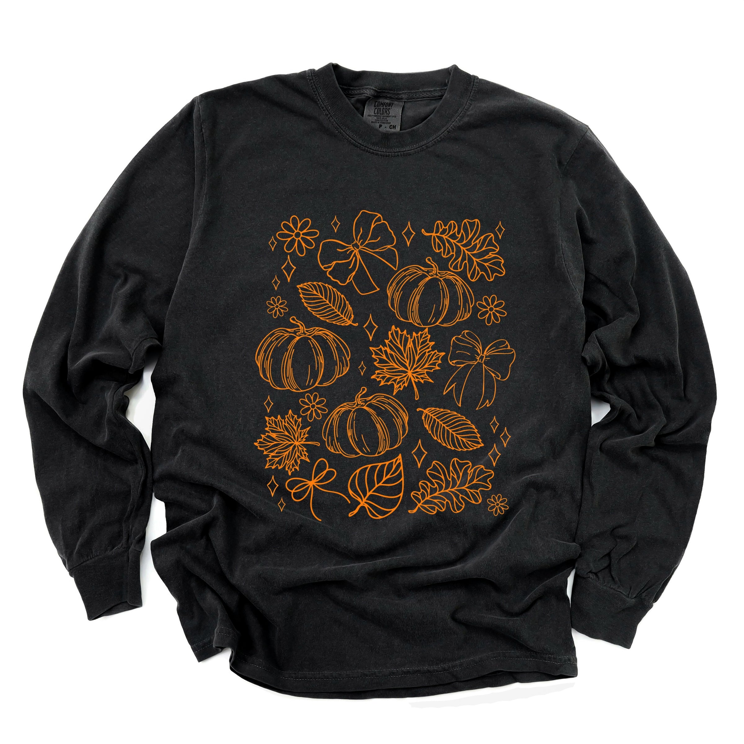 Fall Decorations Outline - Women's Garment Dyed Long Sleeve Graphic T-Shirt