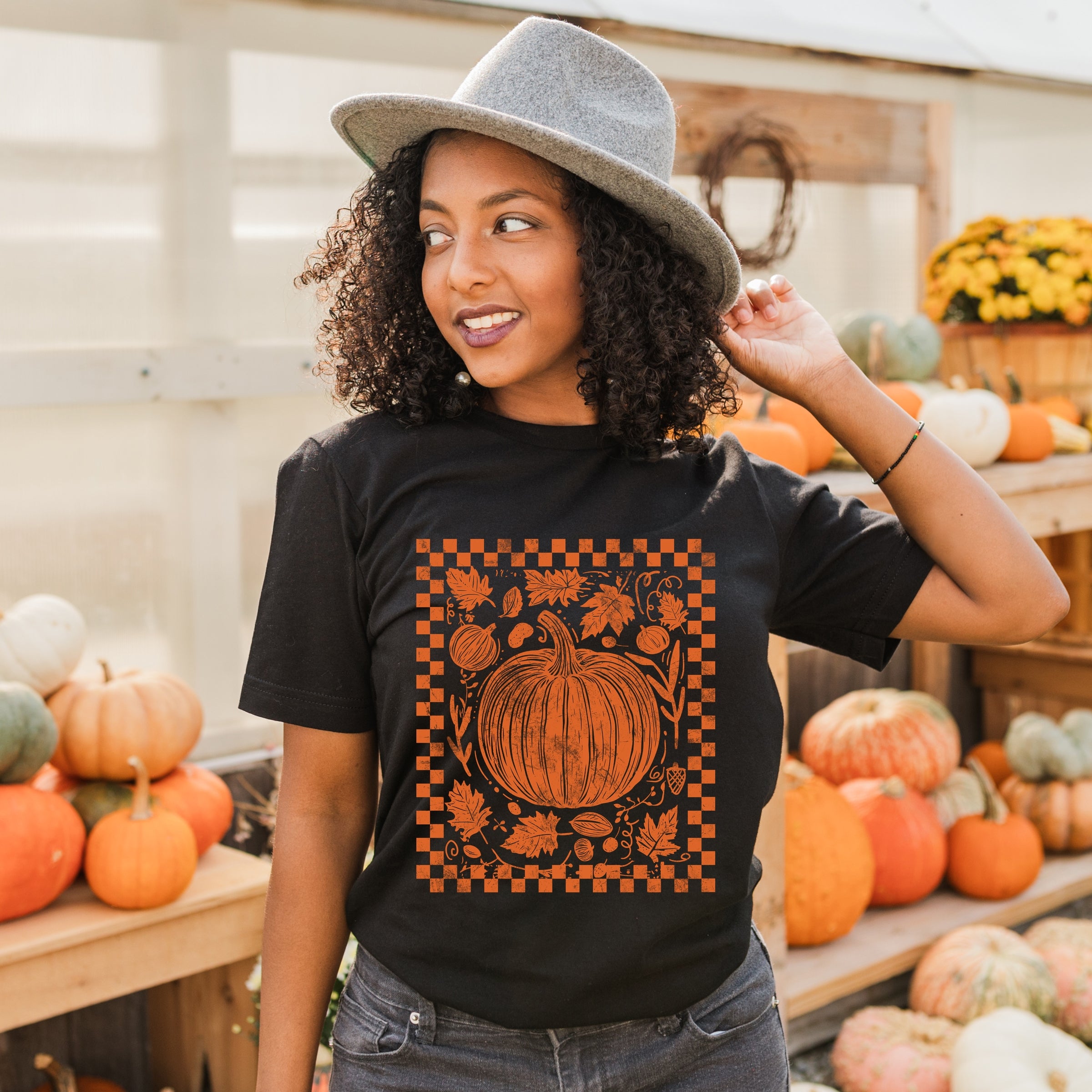 Pumpkin Checkered Distressed - Women's Short Sleeve Graphic T-Shirt