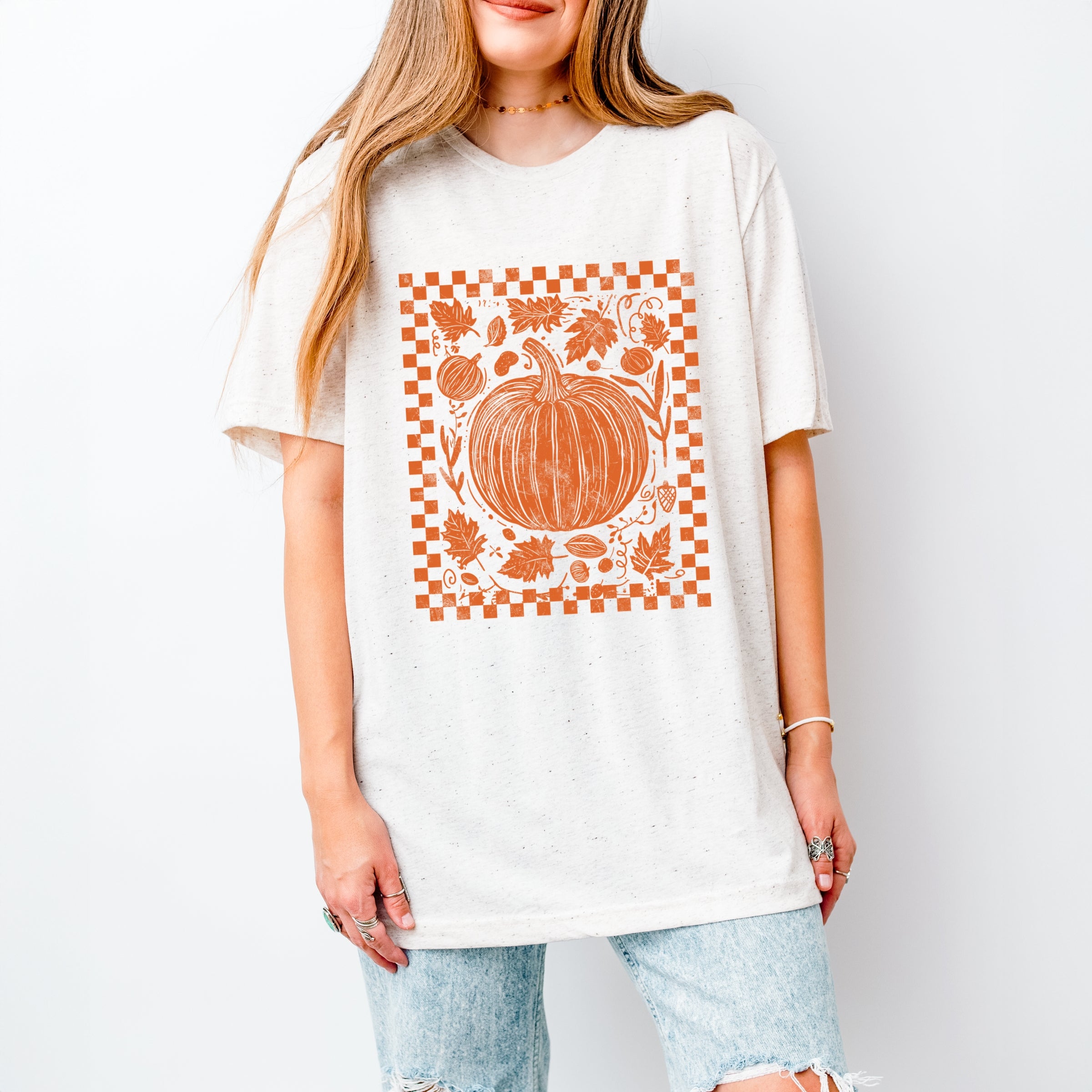 Pumpkin Checkered Distressed - Women's Short Sleeve Graphic T-Shirt