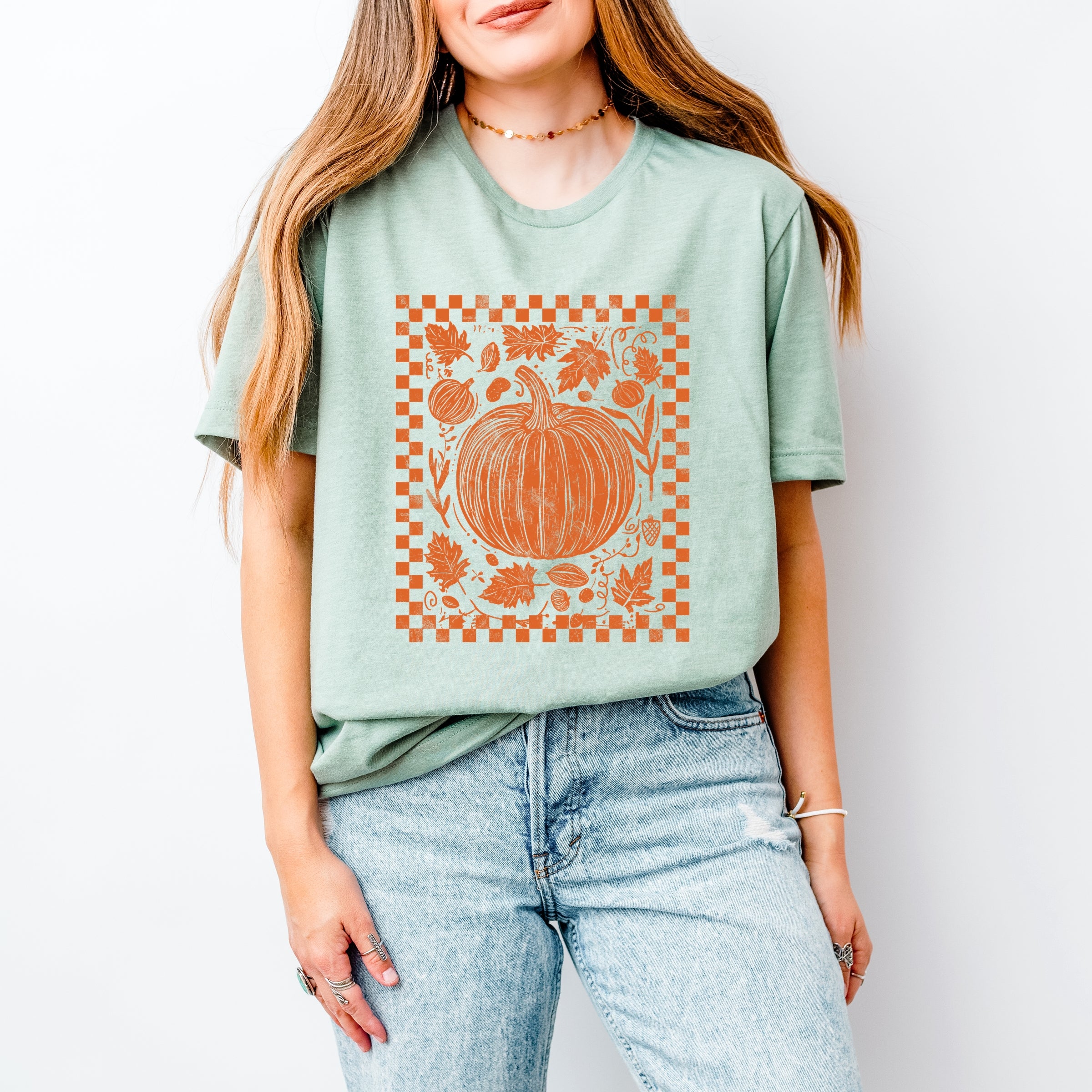 Pumpkin Checkered Distressed - Women's Short Sleeve Graphic T-Shirt